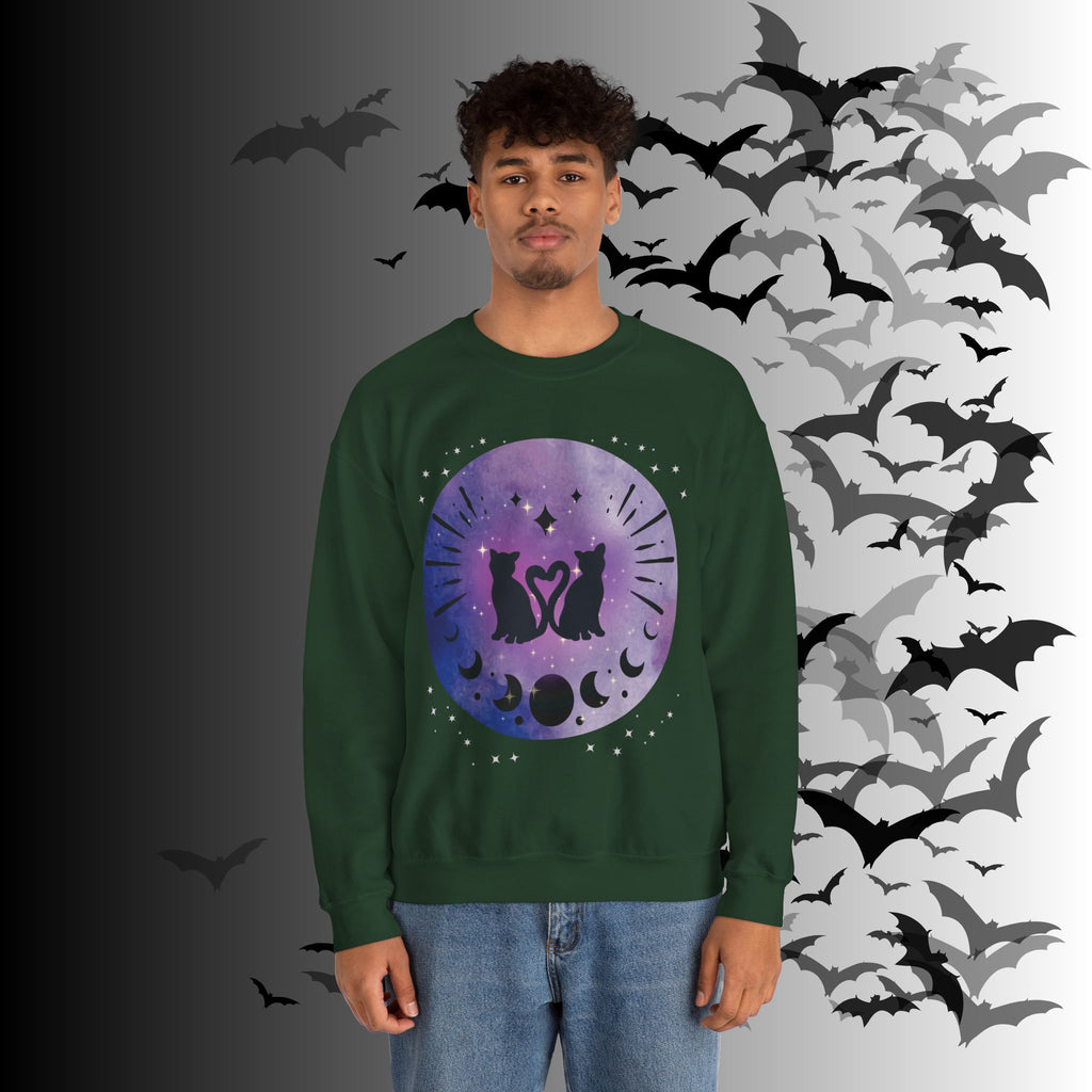 Celestial Twin Cats Heart Moon Crewneck Sweatshirt — Witchy Moon Phase