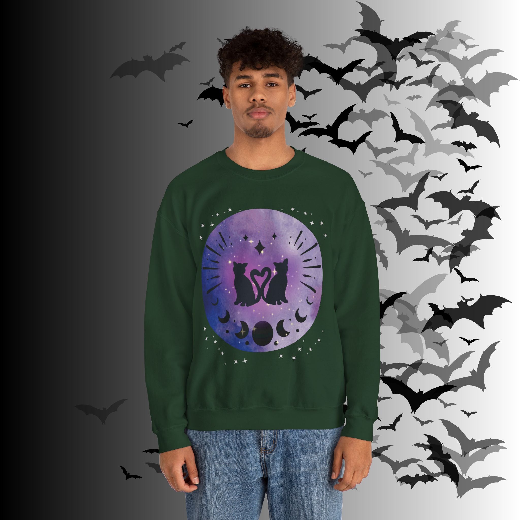 Celestial Twin Cats Heart Moon Crewneck Sweatshirt — Witchy Moon Phase