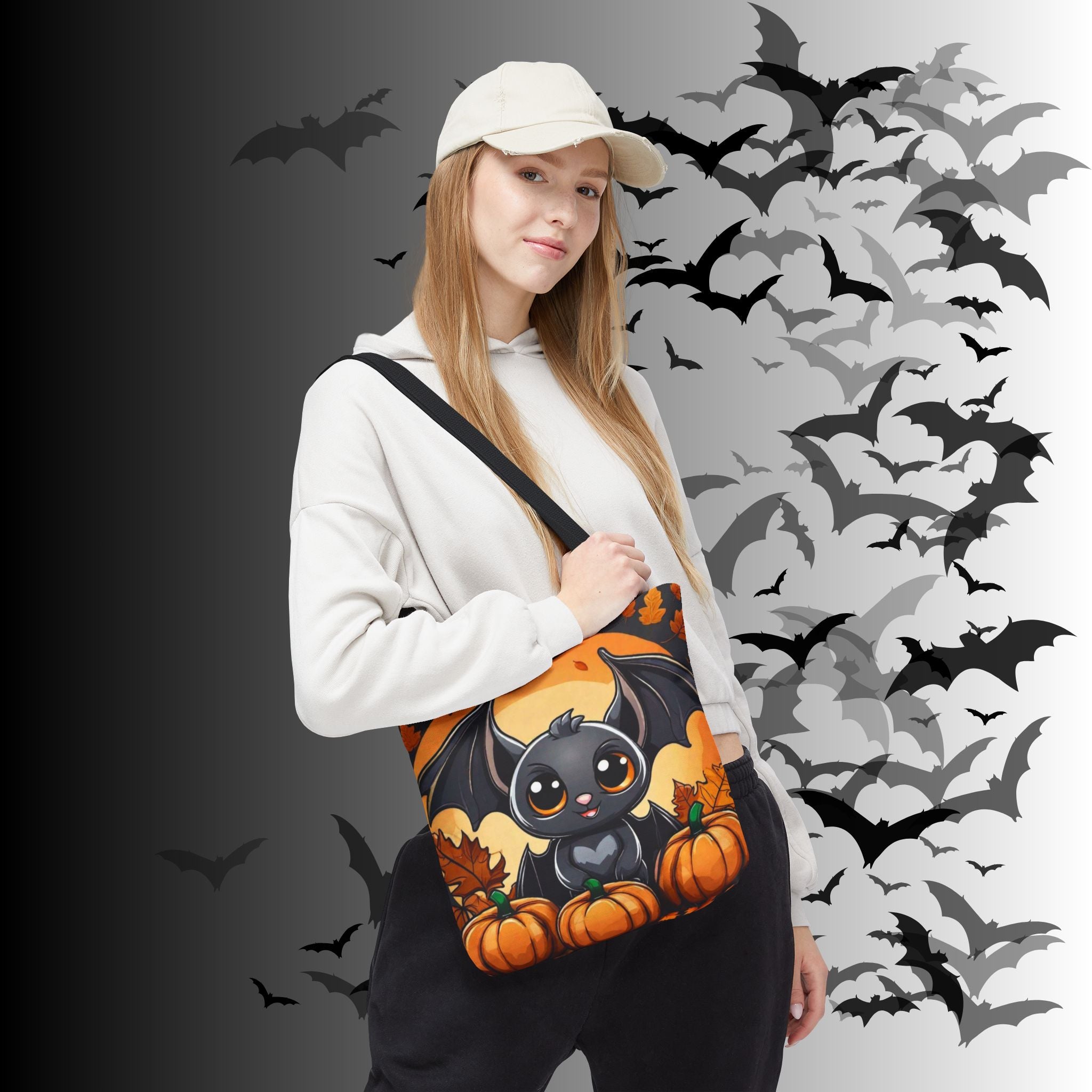 Kawaii Bat & Pumpkin Halloween Tote Bag — Autumn Full Moon Print