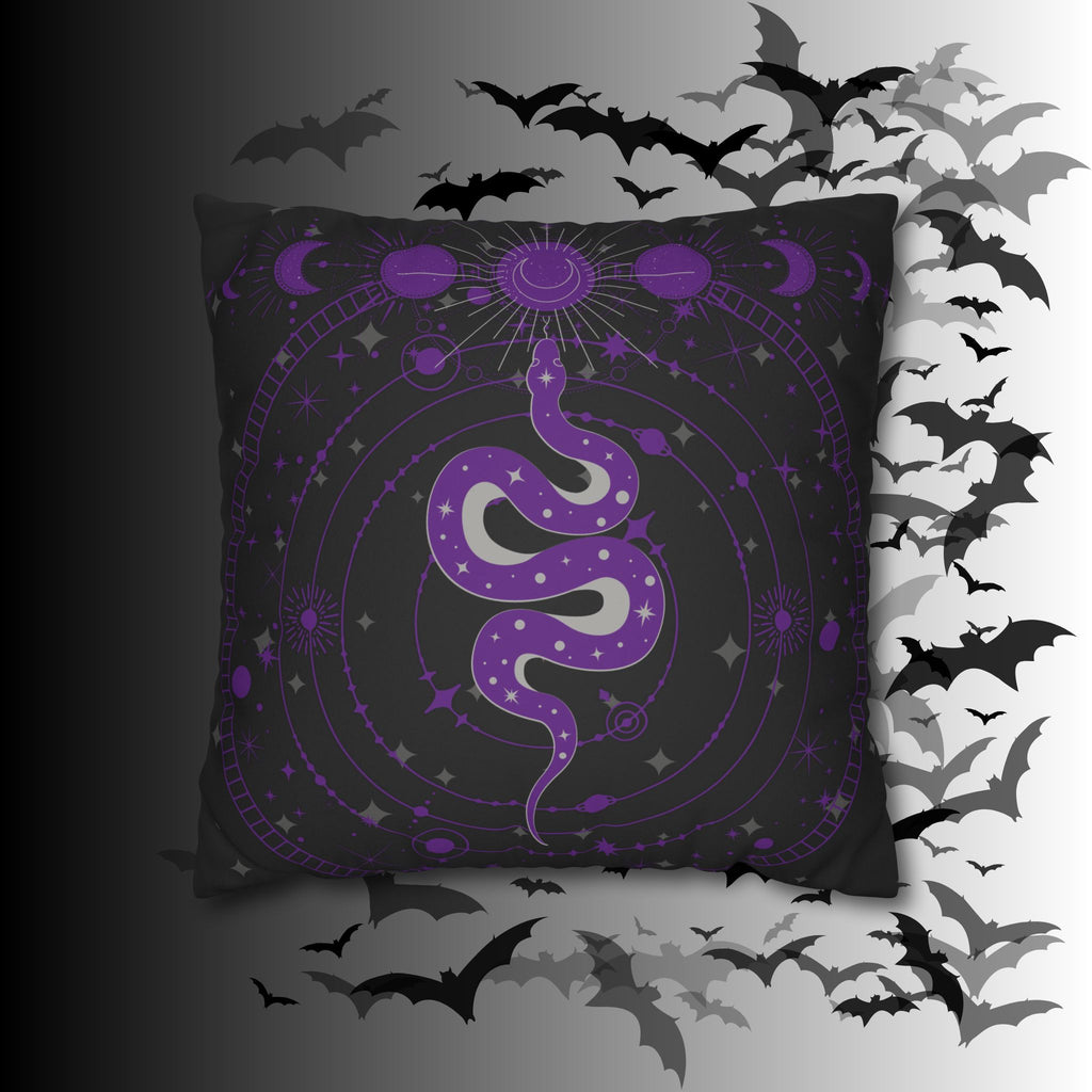 Purple Celestial Snake Moon Phases Throw Pillow — Witchy Gothic Dark Home Decor