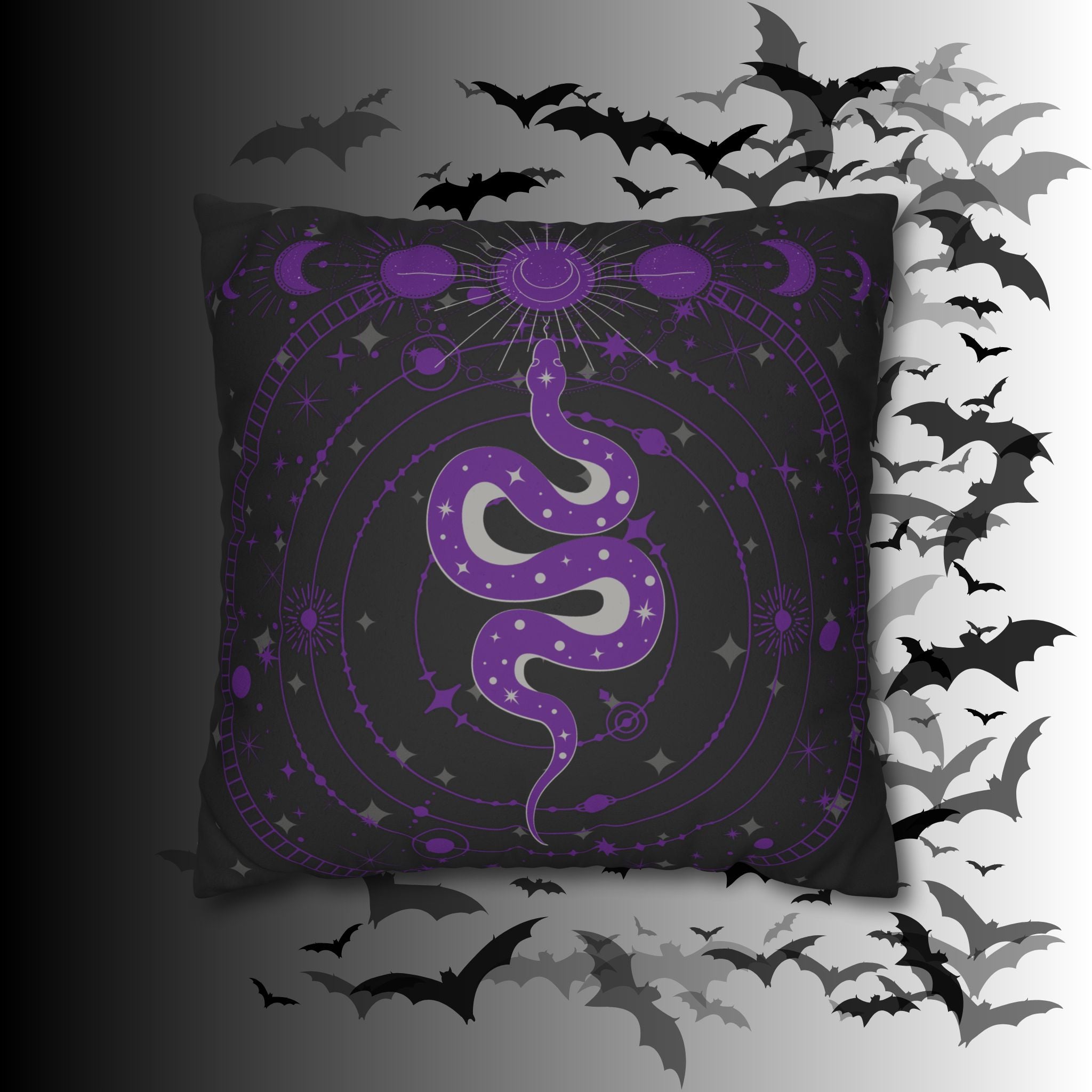 Purple Celestial Snake Moon Phases Throw Pillow — Witchy Gothic Dark Home Decor