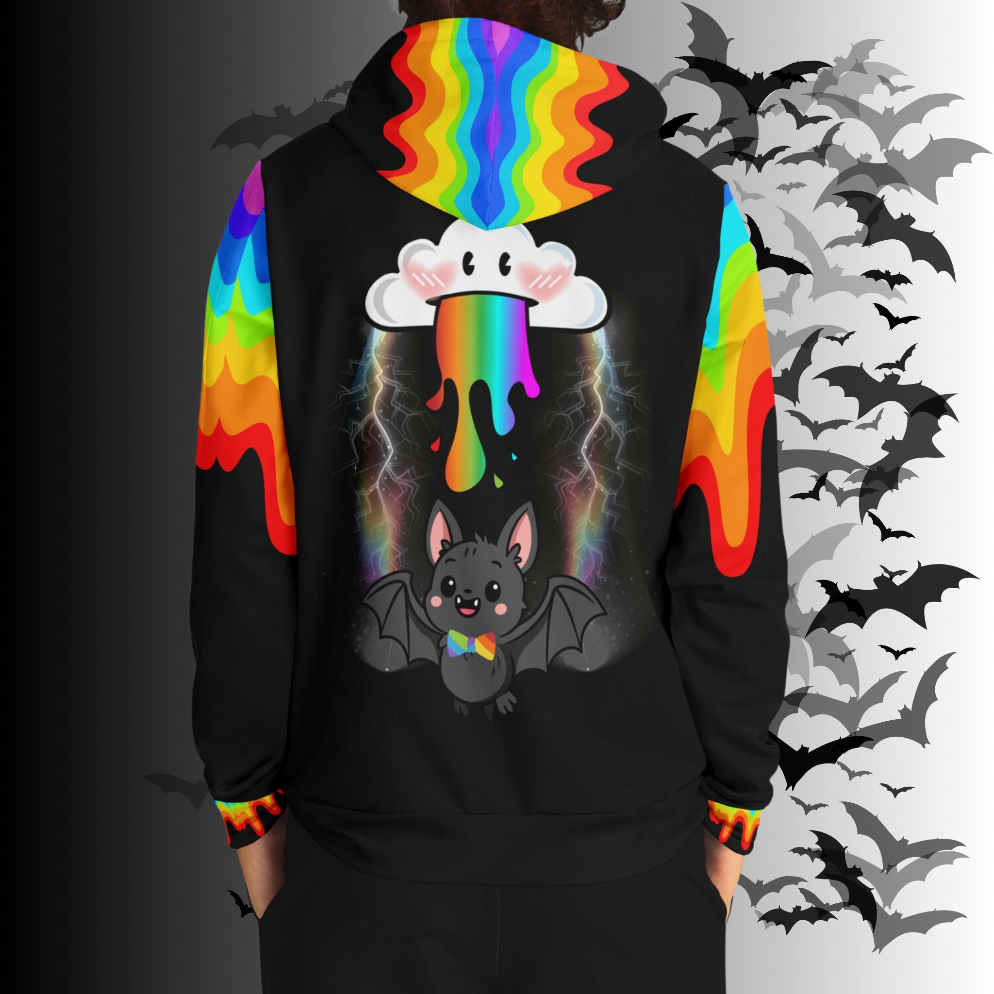 Rainbow Vomit Cloud Bat All Over Print Pullover Hoodie — Kawaii Goth Pride Unisex AOP Hoodie
