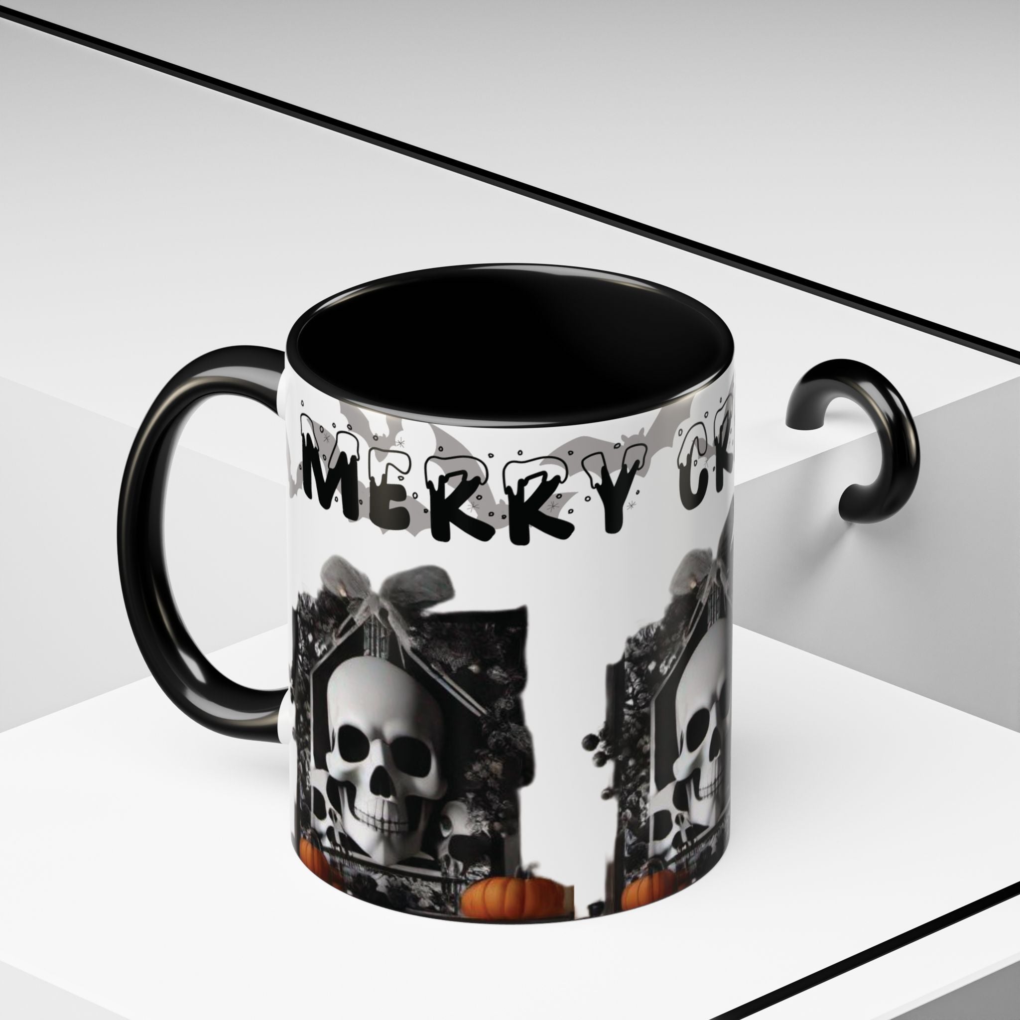 Merry Creepmas Gothic Skull Coffee Mug — Black Accent Ceramic Mug