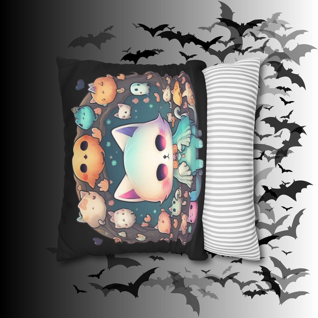 Creepy Cute Kawaii Ghost Cat Throw Pillow — Pastel Goth Dark Home Decor