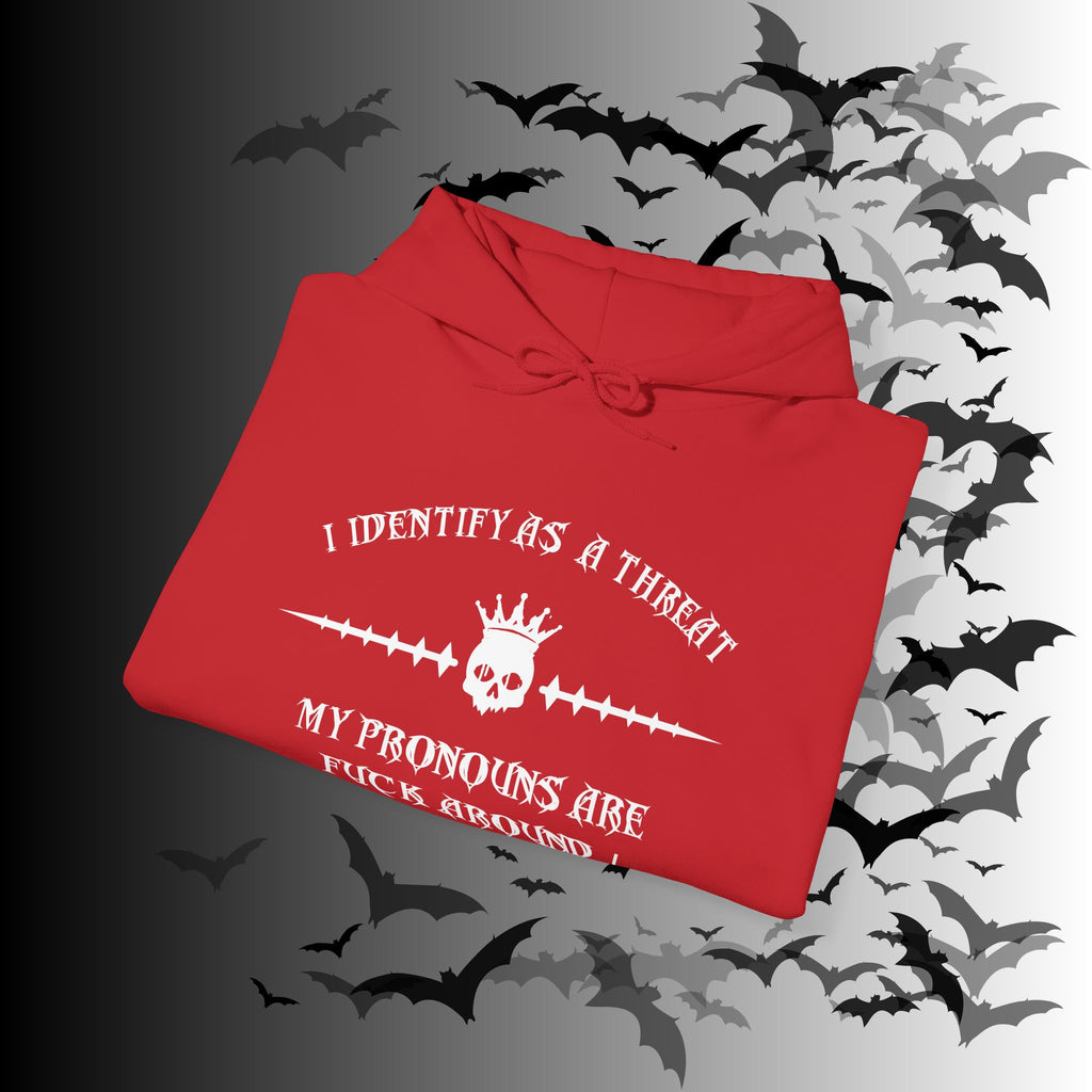 I Identify As a Threat Hoodie — Gothic Skull Sleeve Print FAFO Black