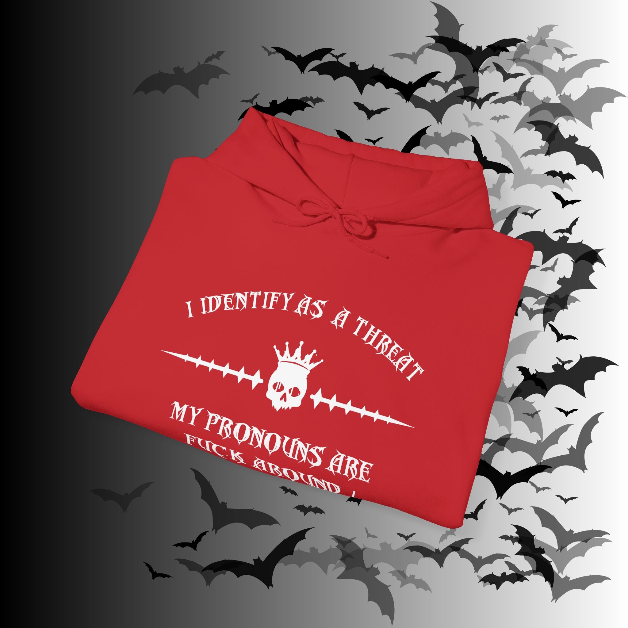 I Identify As a Threat Hoodie — Gothic Skull Sleeve Print FAFO Black