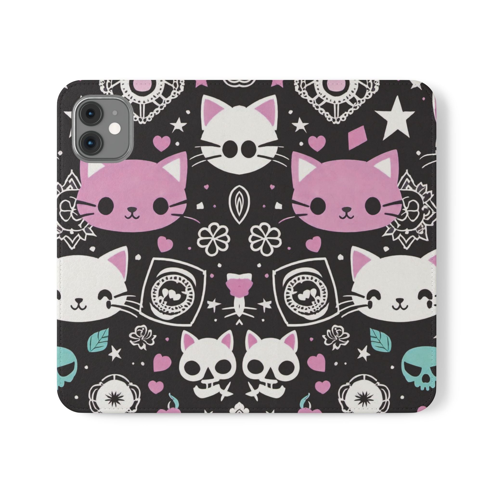 Pastel Goth Cat Flip Wallet Phone Case - Goth Cat Wallet Case for Samsung iPhone - Gothic Style Cats Wallet Phone Cases