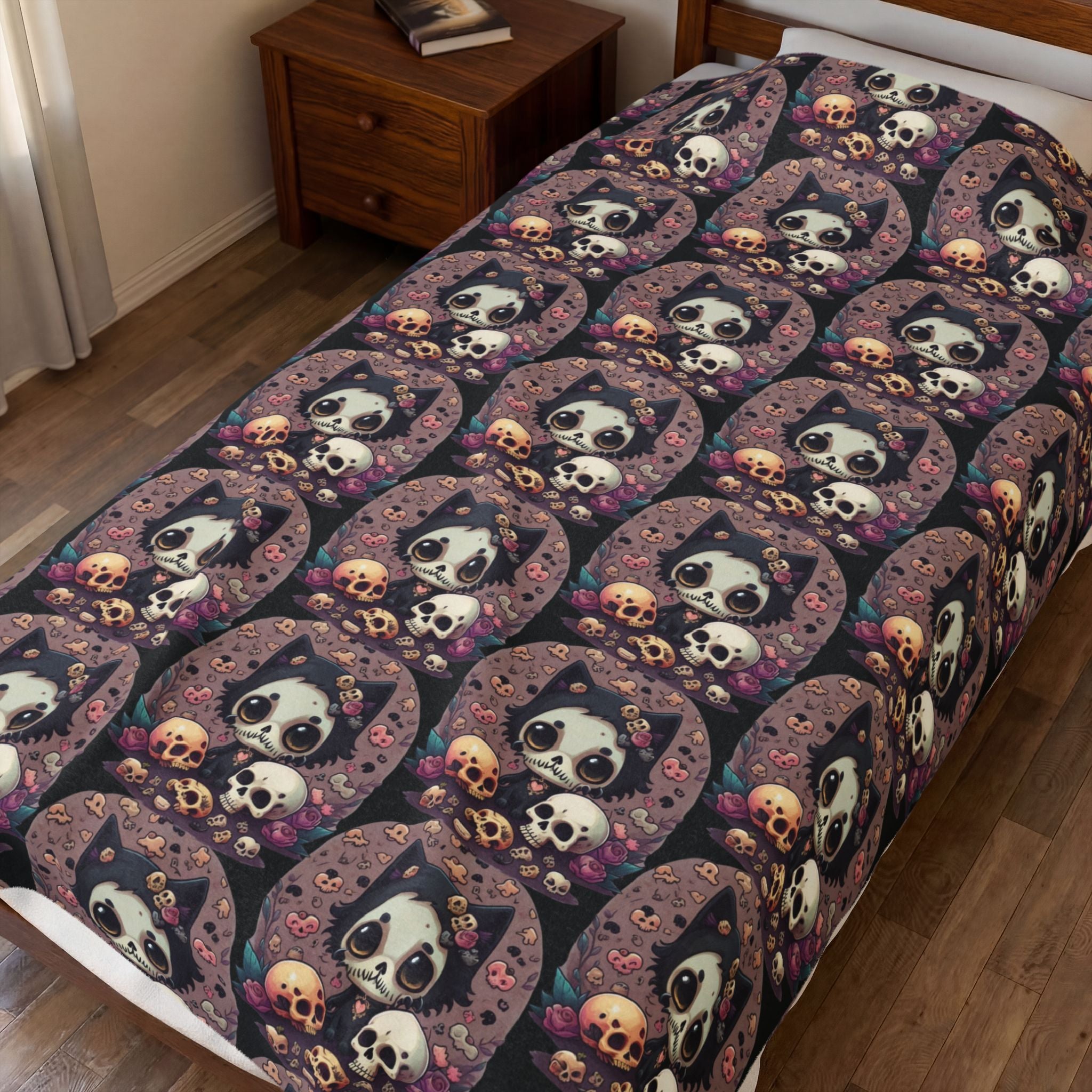 Kawaii Skull Cat Throw Blanket — Creepy Cute Gothic Home Decor