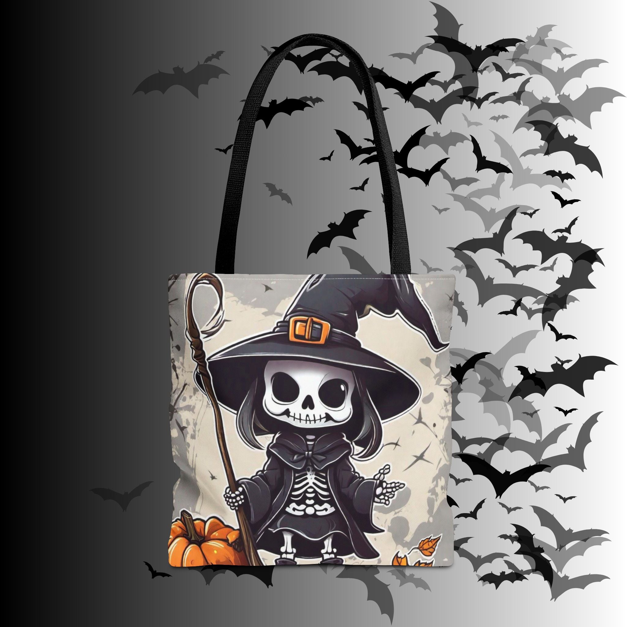 Skeleton Witch Halloween Tote Bag — Spooky Chibi Witch Print