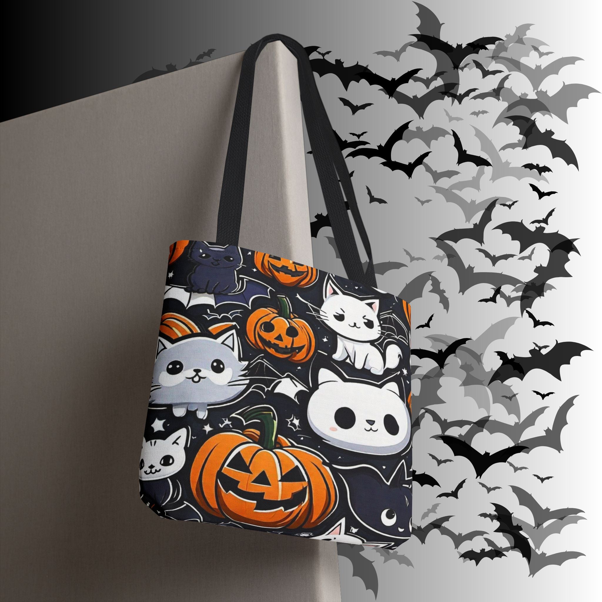 Kawaii Halloween Cat & Pumpkin Tote Bag — Spooky Multi-Cat Pattern