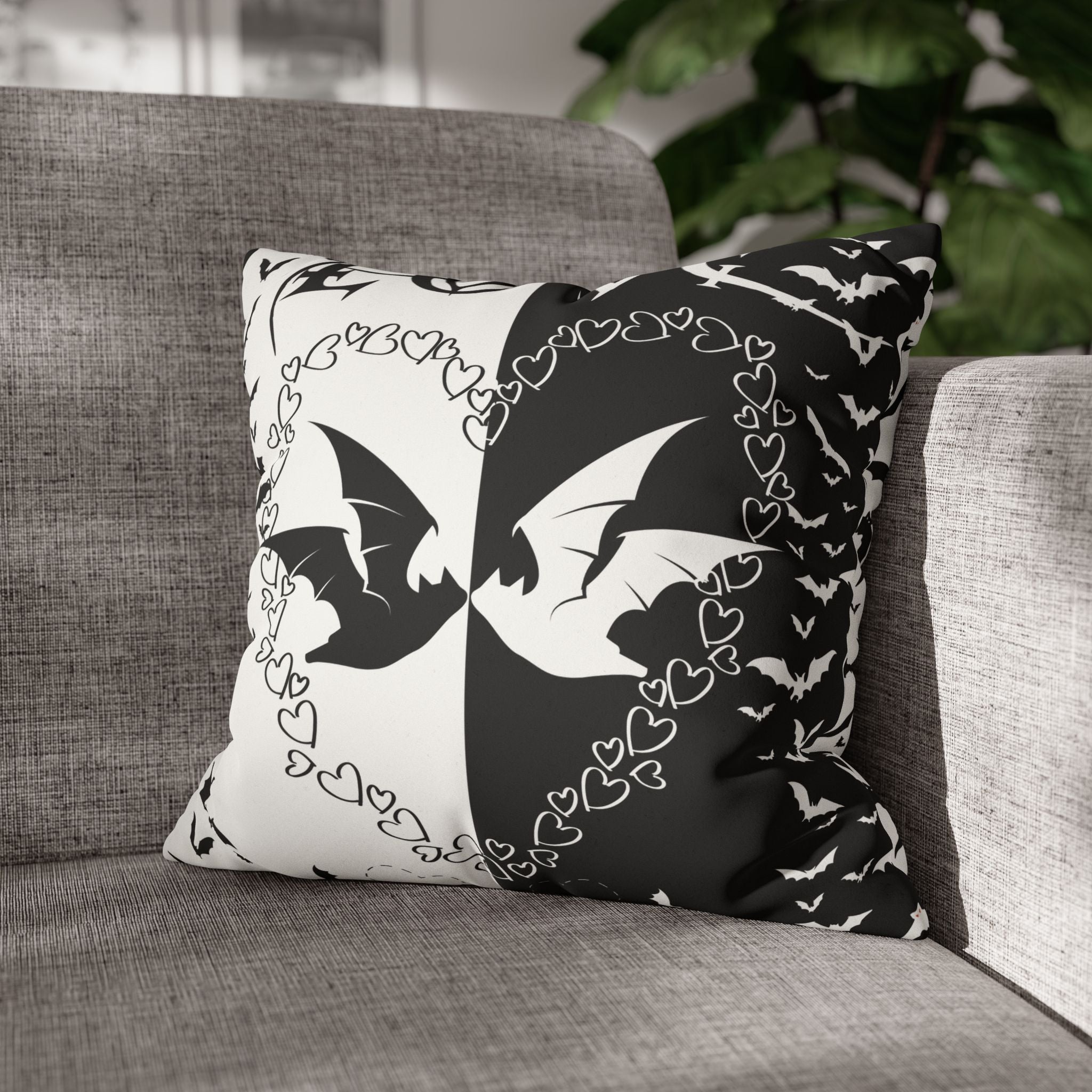 Gothic Bats Heart Throw Pillow — Black White Halloween Dark Home Decor