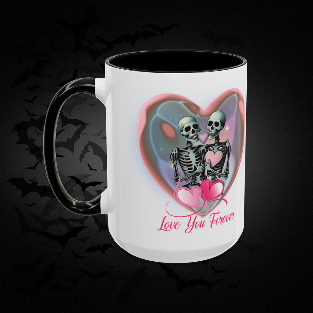Love You Forever Valloween Coffee Mug — Skeleton Couple Heart Design (11/15oz)
