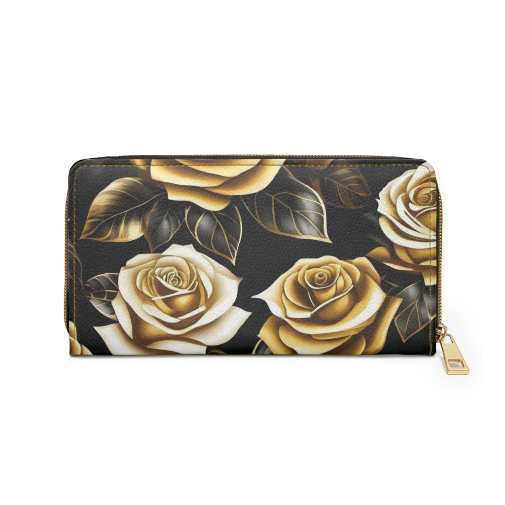 Gothic Black & Gold Rose Wallet | Elegant Floral Faux Leather Zipper Clutch