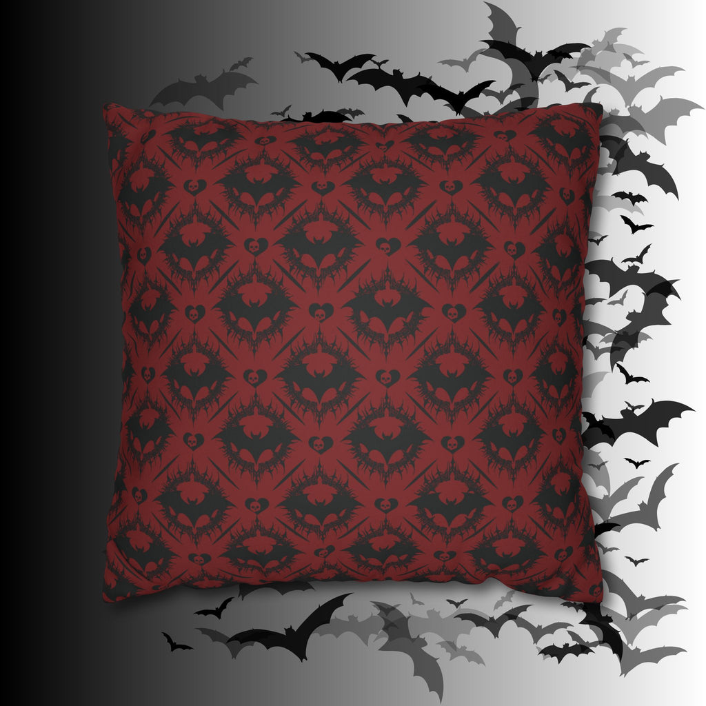 Gothic Bat Diamond Pattern Throw Pillow — Dark Red Damask Home Decor
