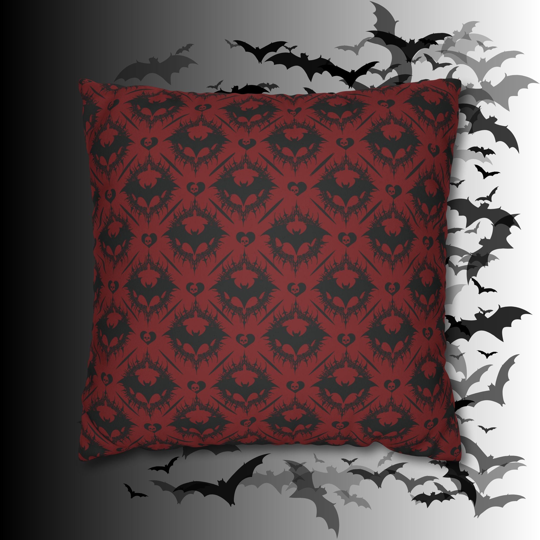Gothic Bat Diamond Pattern Throw Pillow — Dark Red Damask Home Decor