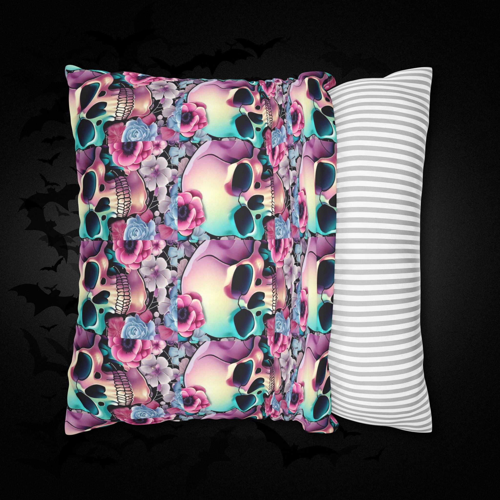Pastel Goth Floral Skull Throw Pillow — Dark Floral Emo Home Decor