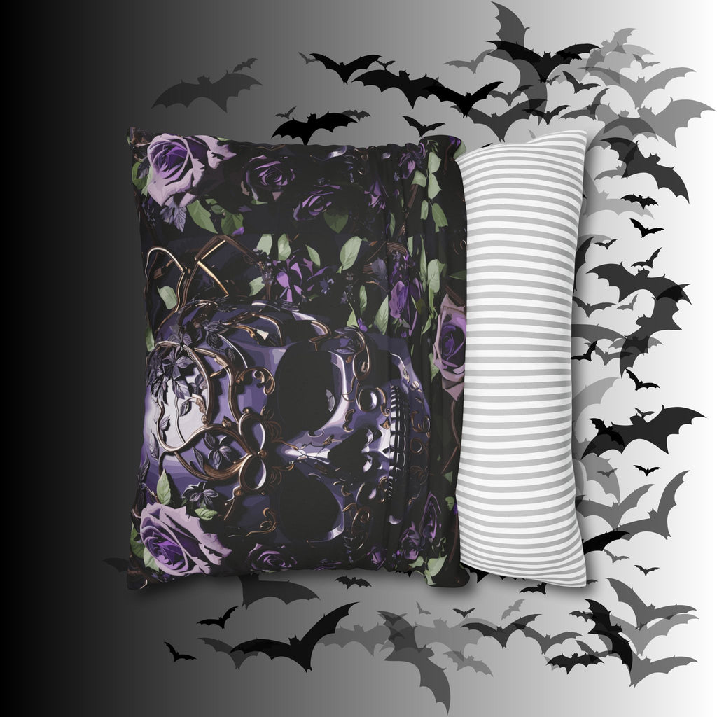 Gothic Black Purple Skull Throw Pillow — Dark Floral Botanical Home Decor