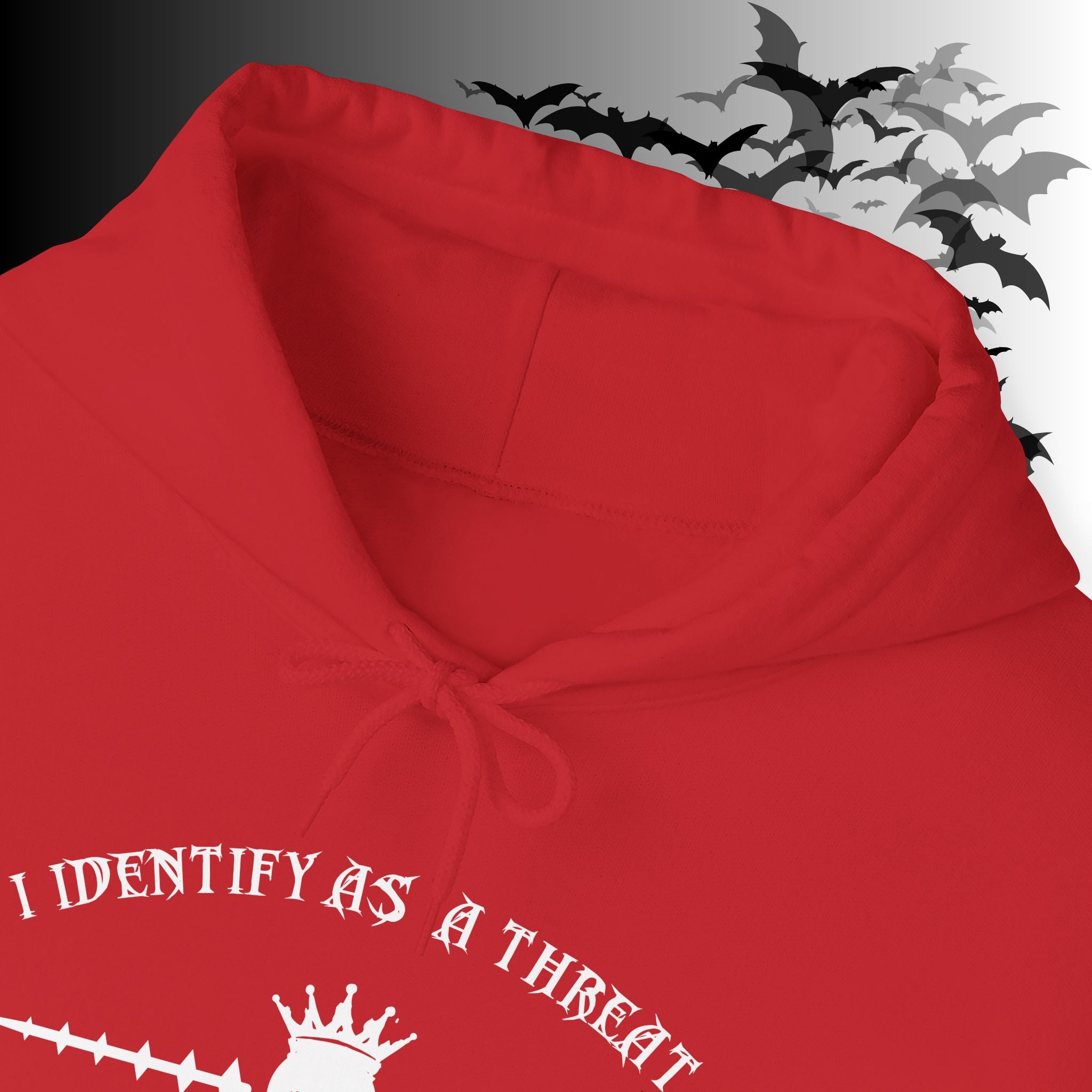 I Identify As a Threat Hoodie — Gothic Skull Sleeve Print FAFO Black