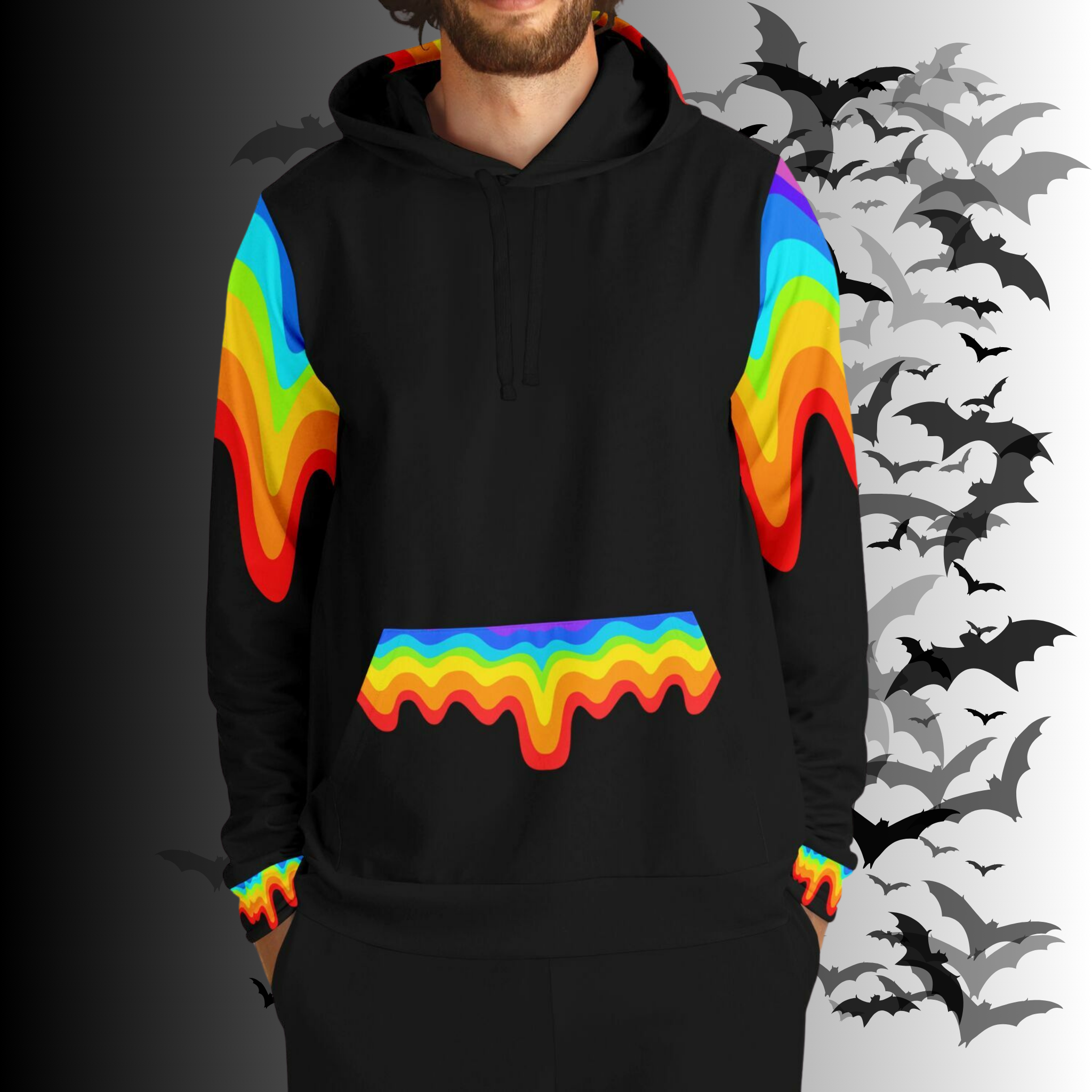 Rainbow Vomit Cloud Bat All Over Print Pullover Hoodie — Kawaii Goth Pride Unisex AOP Hoodie