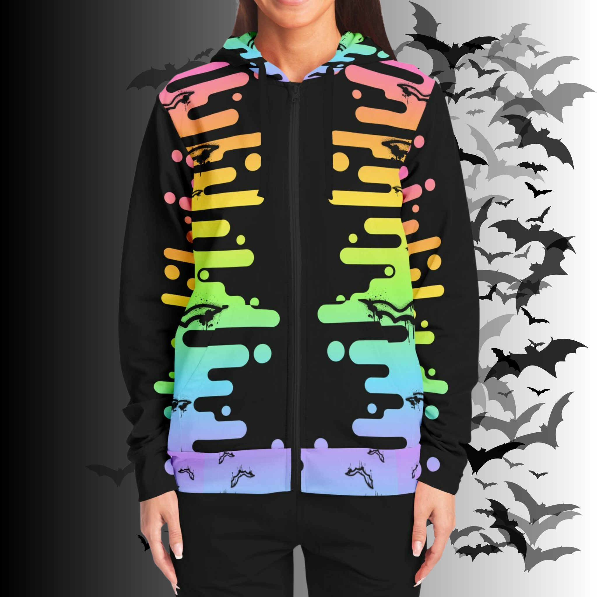 Neon Rainbow Drip Bat All Over Print Zip Hoodie