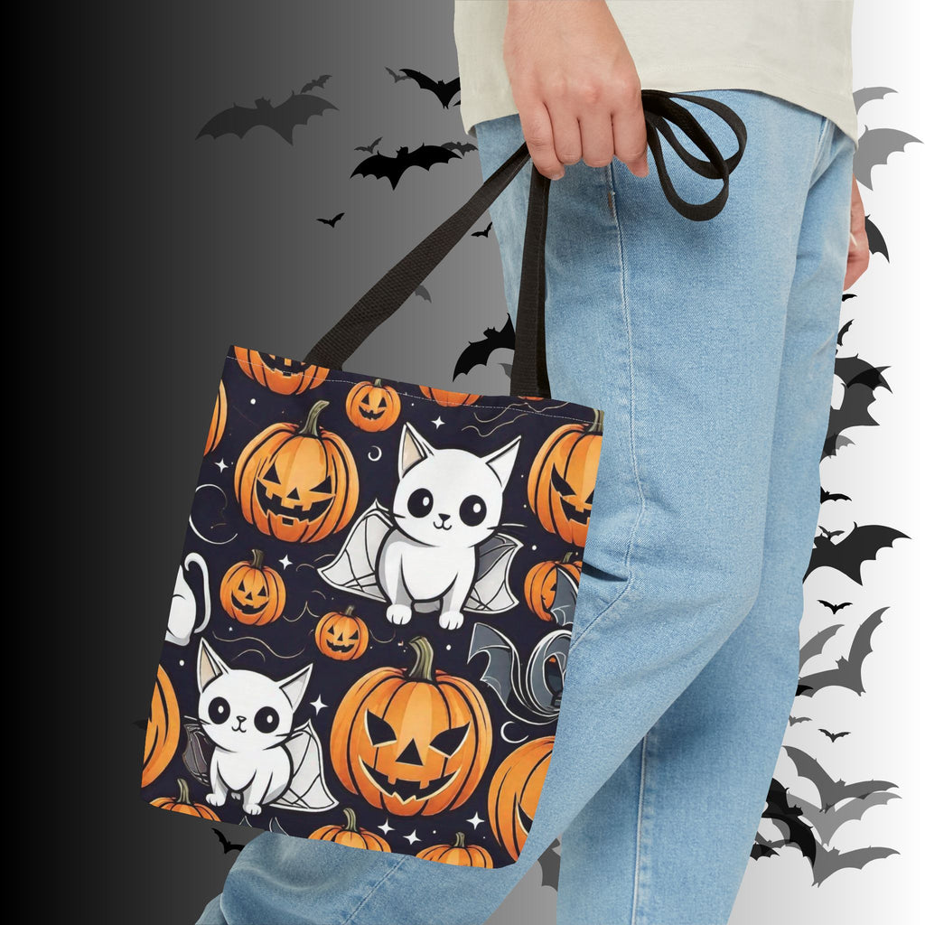 Kawaii Bat Cat Halloween Tote Bag — Spooky Pumpkin Pattern