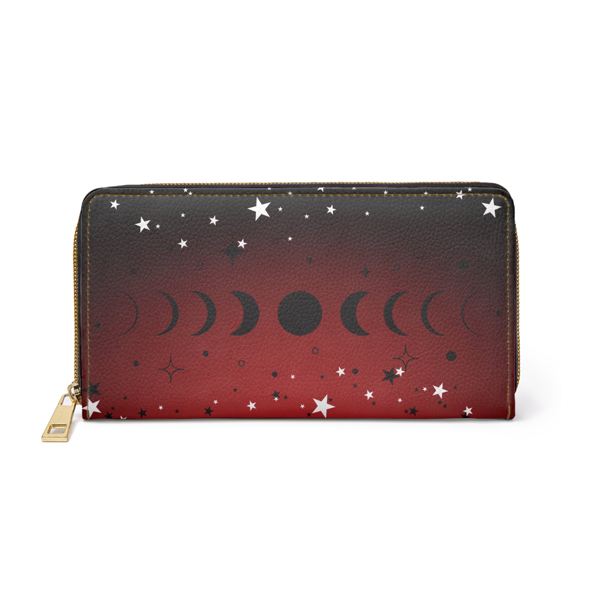 Gothic Moon Phase Wallet | Crimson Dark Academia Faux Leather Zipper Clutch