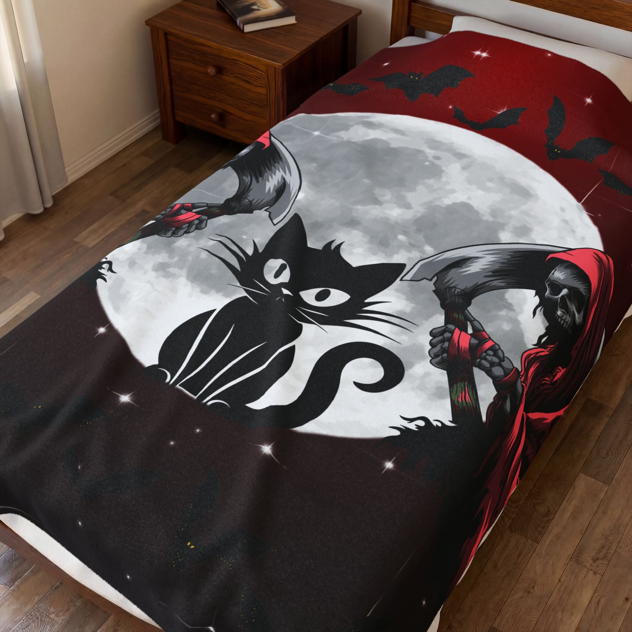Gothic Black Cat Grim Reaper Throw Blanket — Moonlit Dark Home Decor