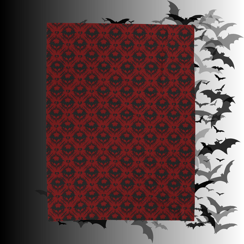 Gothic Bat & Skull Heart Throw Blanket — Crimson Red Colorway