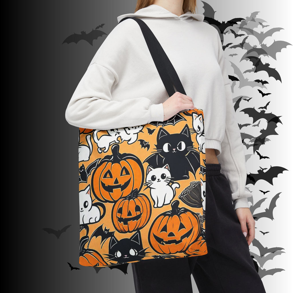 Kawaii Halloween Cat & Pumpkin Tote Bag — Spooky Cute Pattern