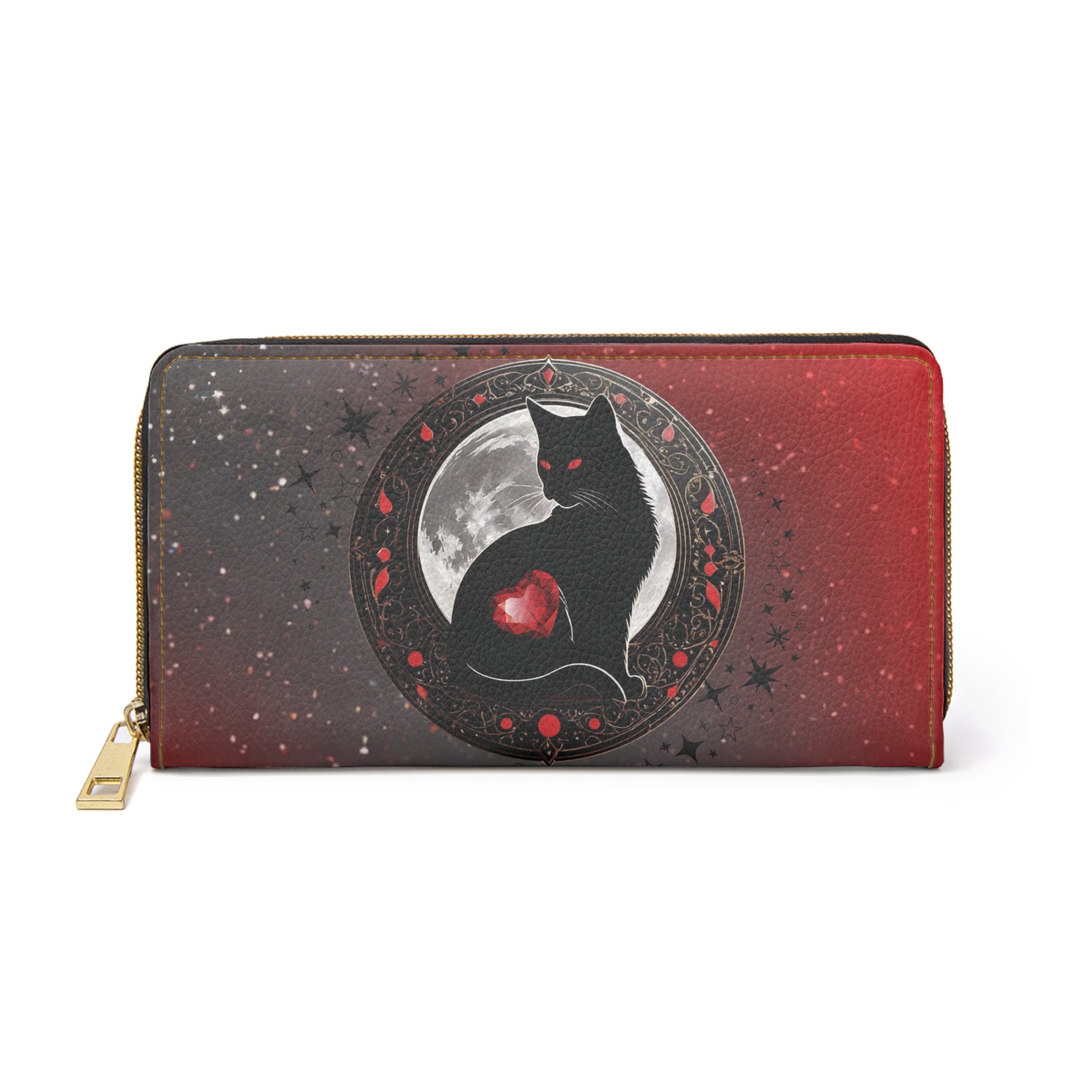 Gothic Black Cat Moon Wallet | Dark Academia Faux Leather Zipper Clutch