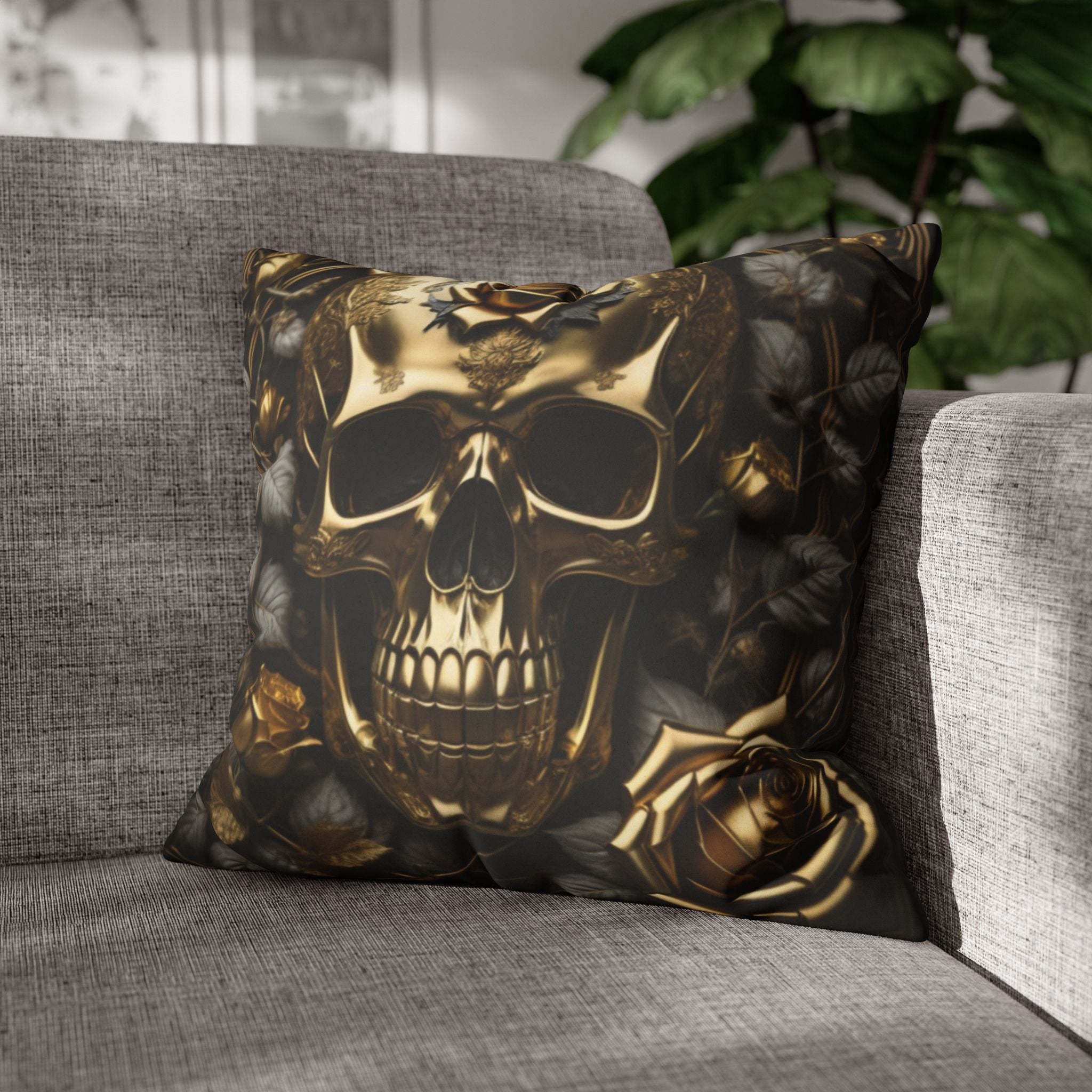 Gothic Gold Black Rose Skull Throw Pillow — Dark Floral Botanical Home Decor