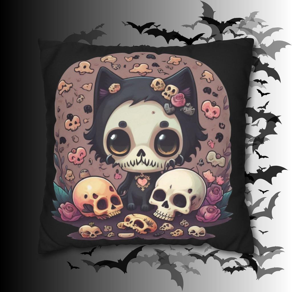 Gothic Skull Face Cat Throw Pillow — Creepy Cute Pastel Goth Home Decor