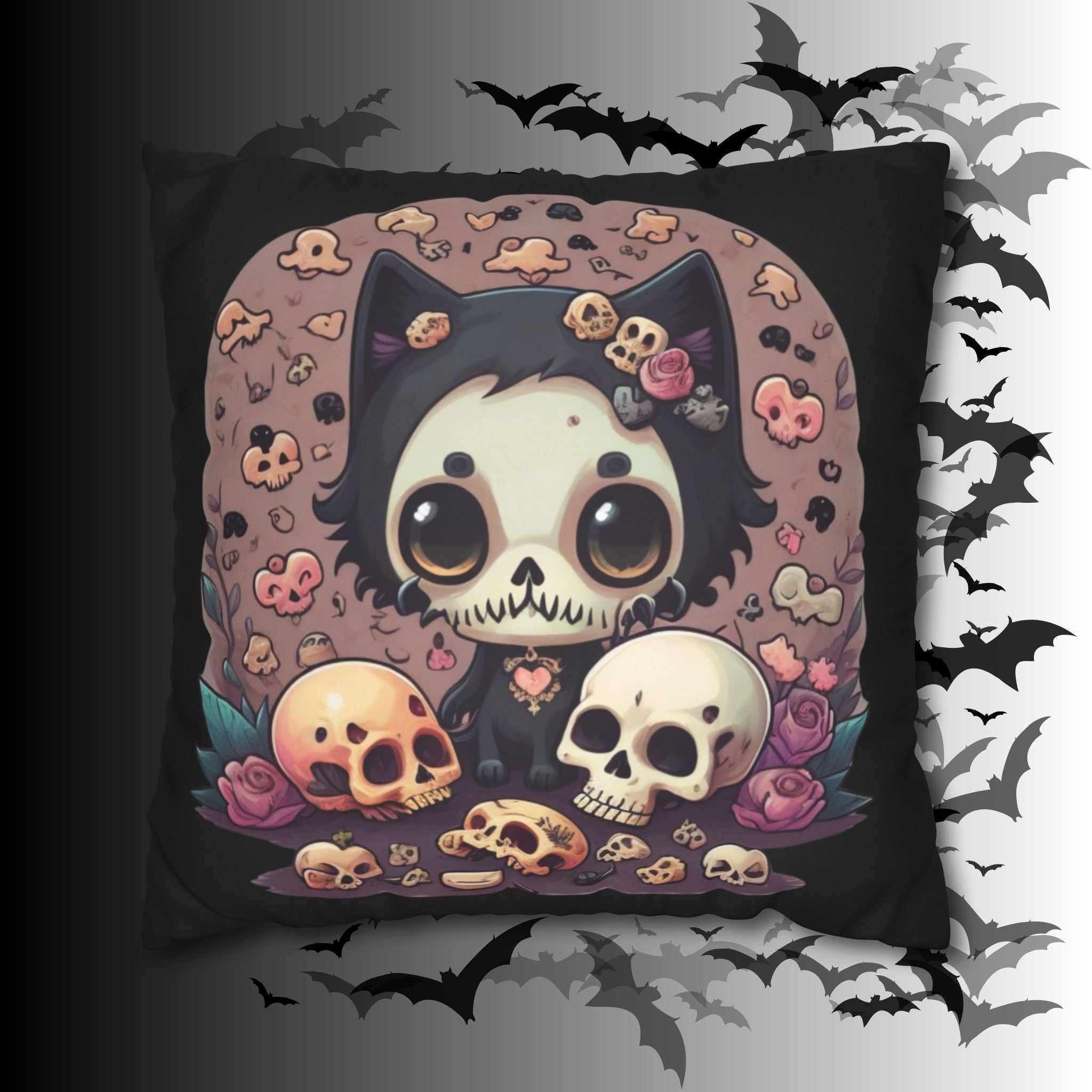 Gothic Skull Face Cat Throw Pillow — Creepy Cute Pastel Goth Home Decor