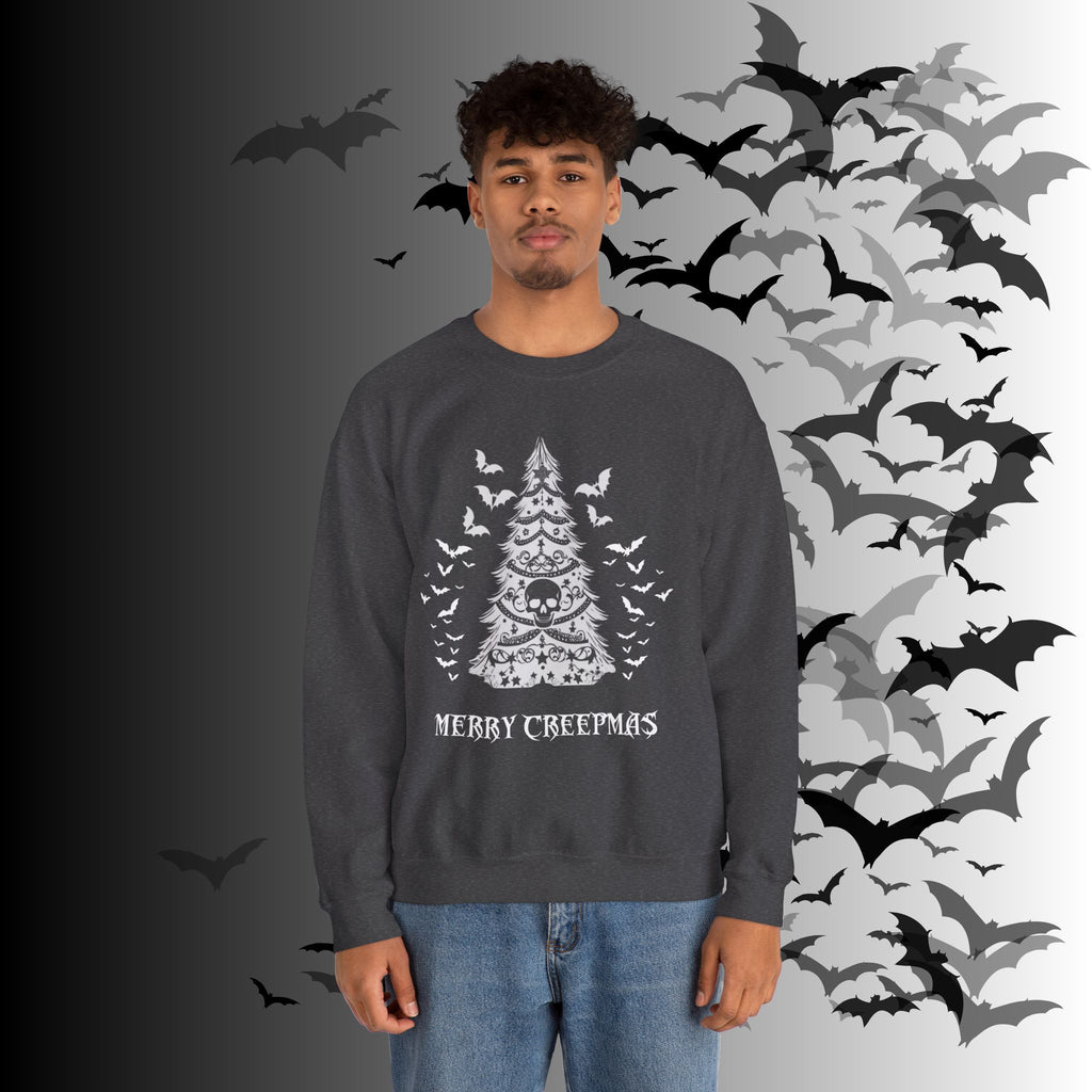 Merry Creepmas Tree Crewneck Sweatshirt — Gothic Christmas Skull Bat