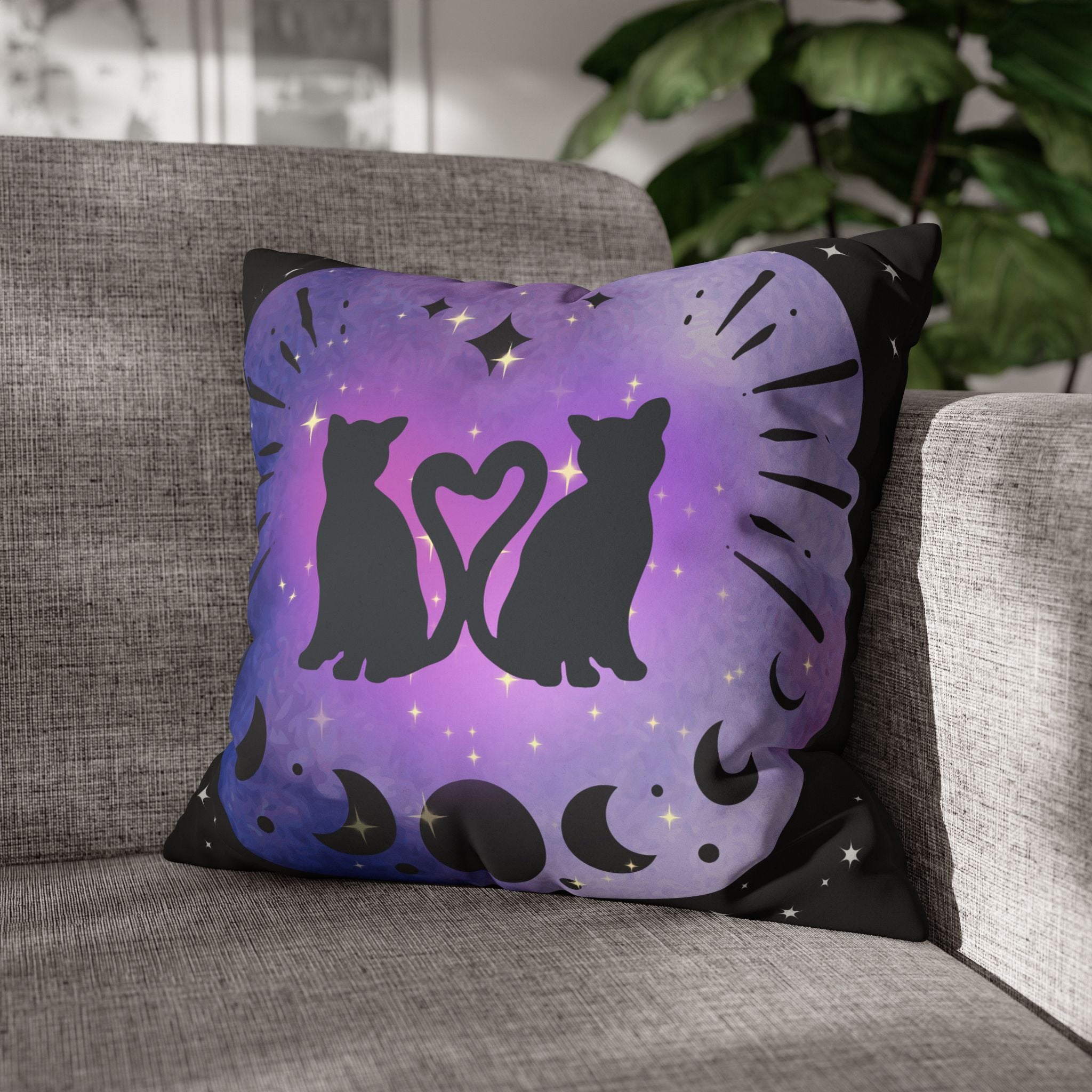 Lunar Love Cats Moon Phases Throw Pillow — Celestial Gothic Dark Home Decor