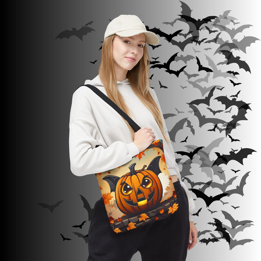 Bat Wing Jack-o'-Lantern Halloween Tote Bag — Autumn Leaves Print