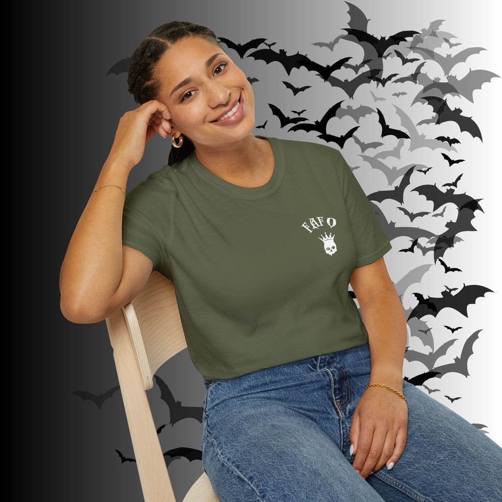 "FAFO" I Identify As A Threat T-Shirt — White Print Front & Back Gothic Tee