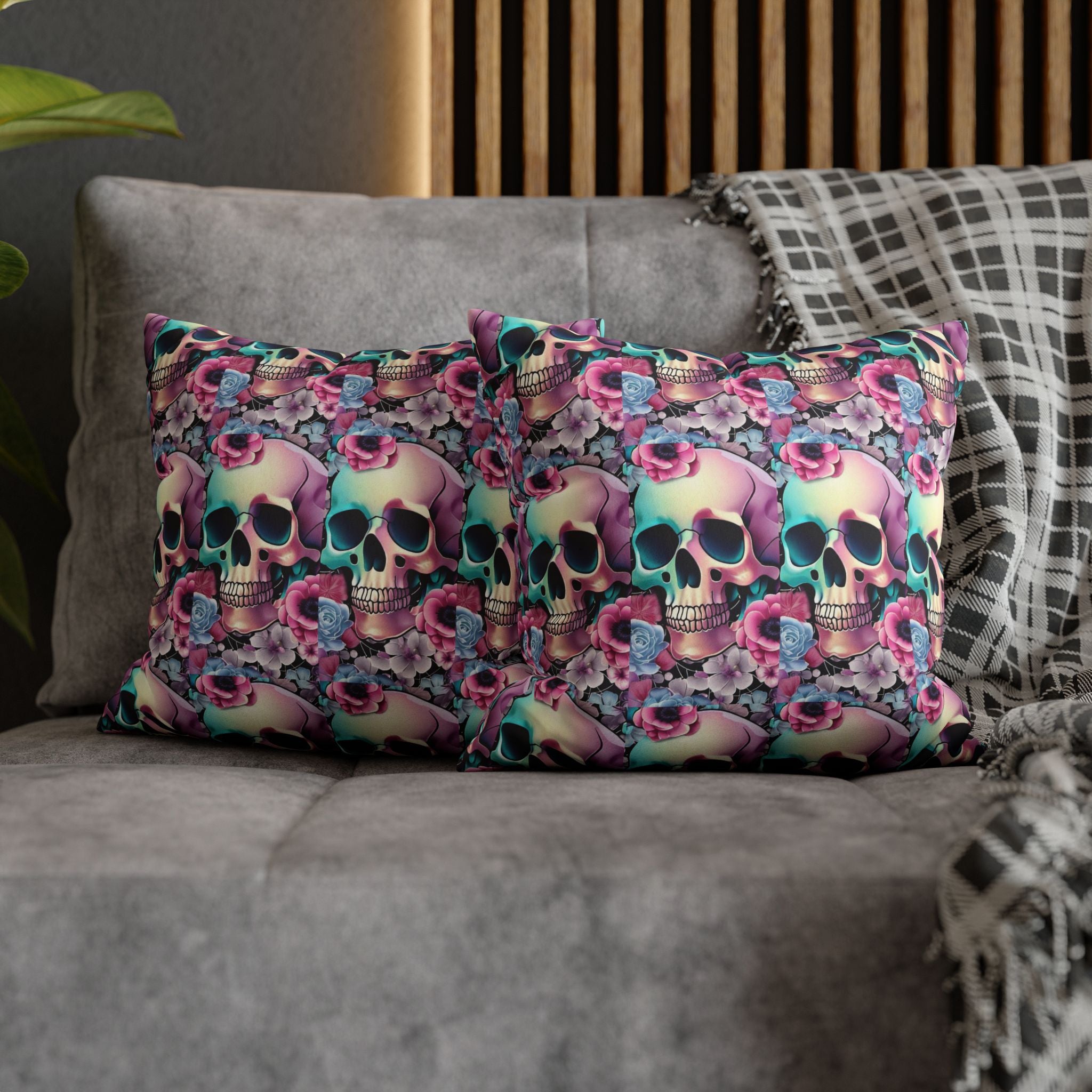 Pastel Goth Floral Skull Throw Pillow — Dark Floral Emo Home Decor