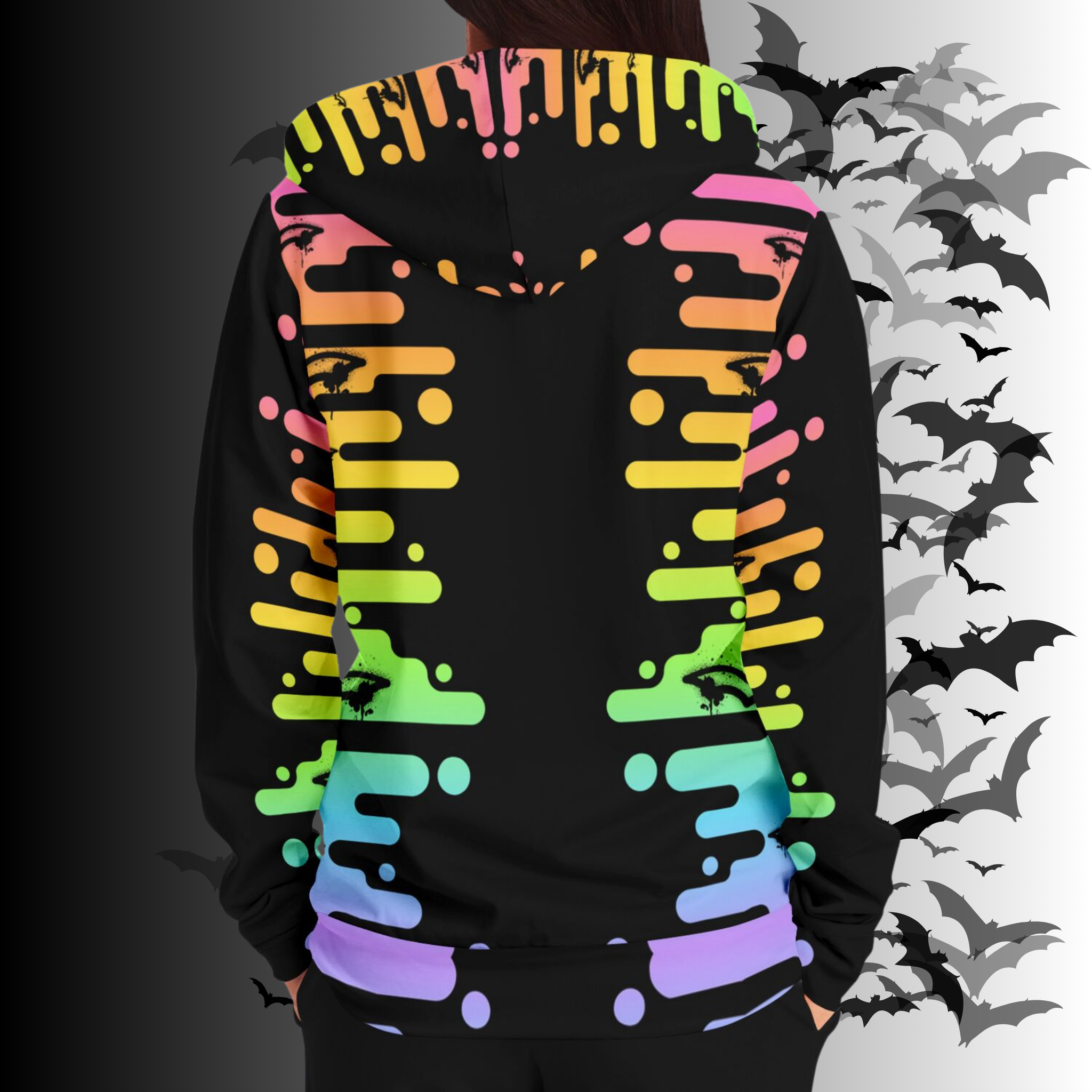 Neon Rainbow Drip Bat All Over Print Zip Hoodie