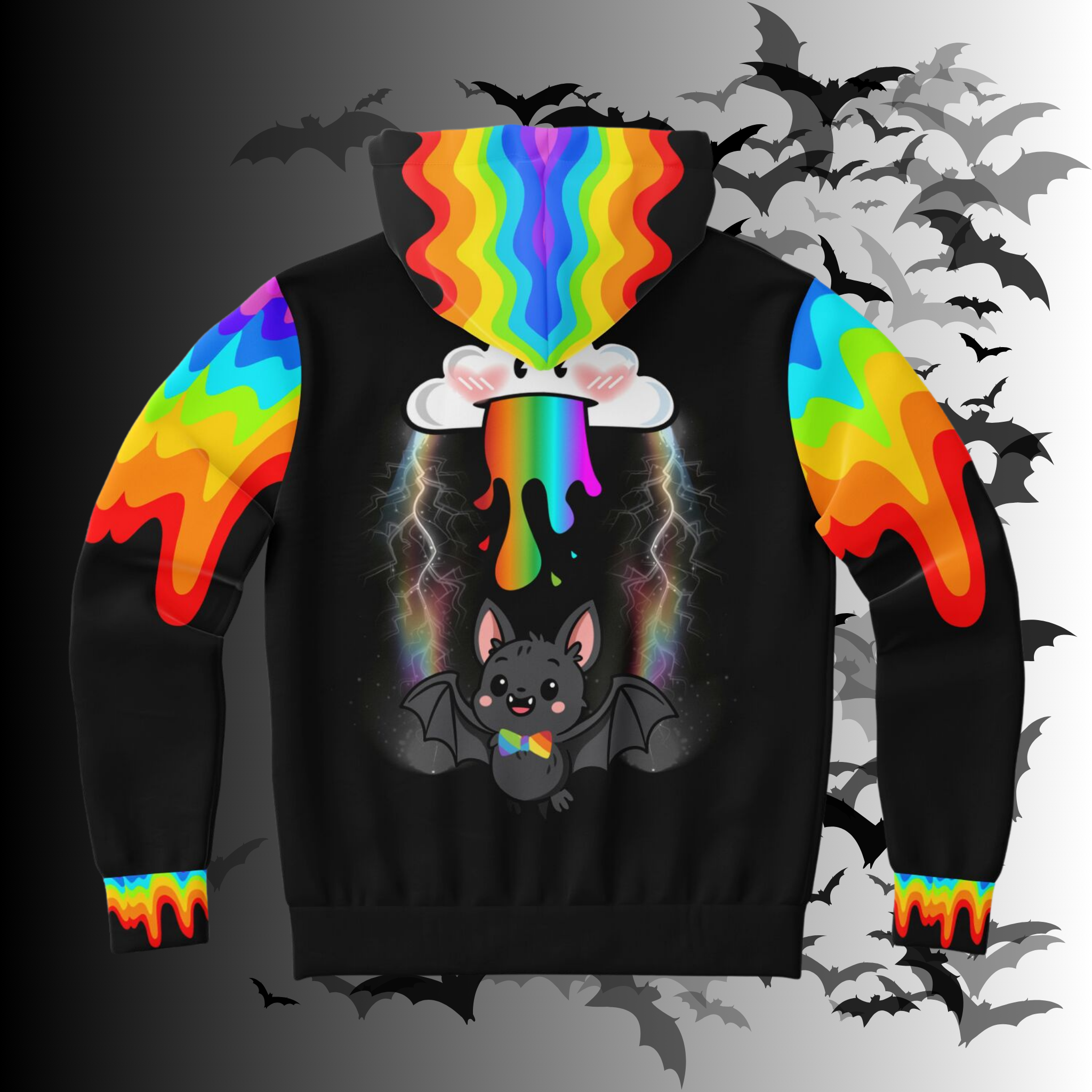 Rainbow Vomit Cloud Bat All Over Print Pullover Hoodie — Kawaii Goth Pride Unisex AOP Hoodie