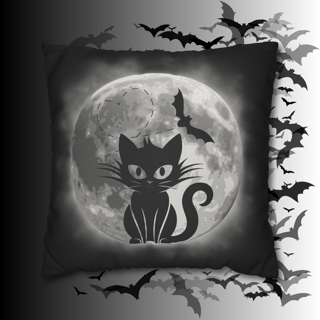 Gothic Black Cat Full Moon Throw Pillow — Bat Dark Home Decor