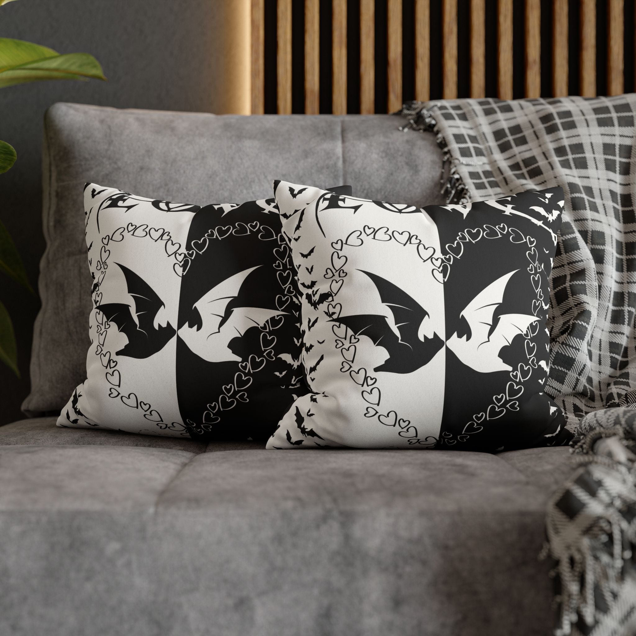 Gothic Bats Heart Throw Pillow — Black White Halloween Dark Home Decor