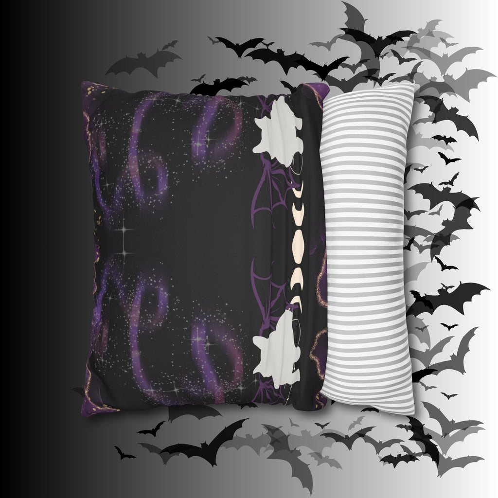 Gothic Bat Wing Cat Moon Phases Throw Pillow — Purple Celestial Dark Home Decor