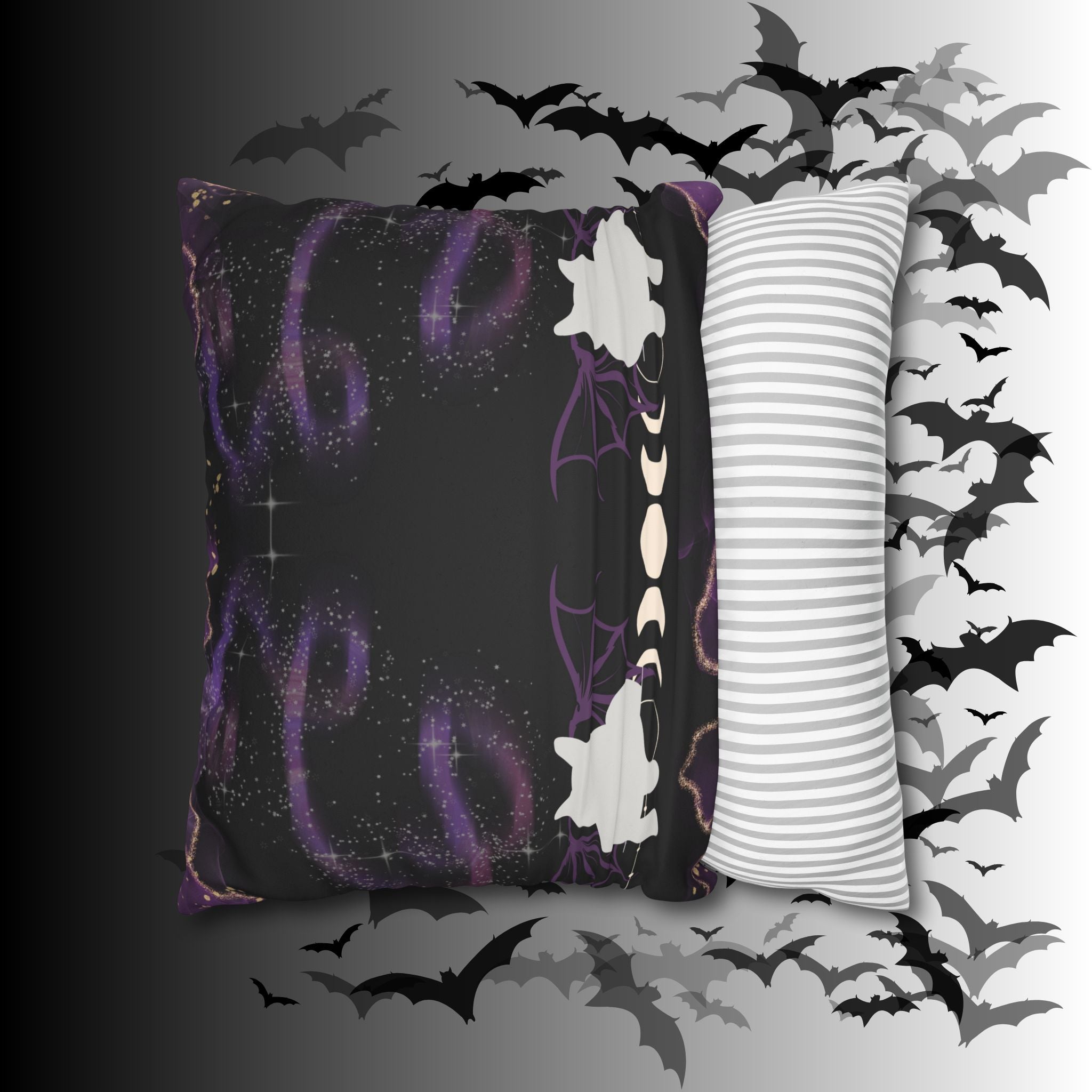 Gothic Bat Wing Cat Moon Phases Throw Pillow — Purple Celestial Dark Home Decor