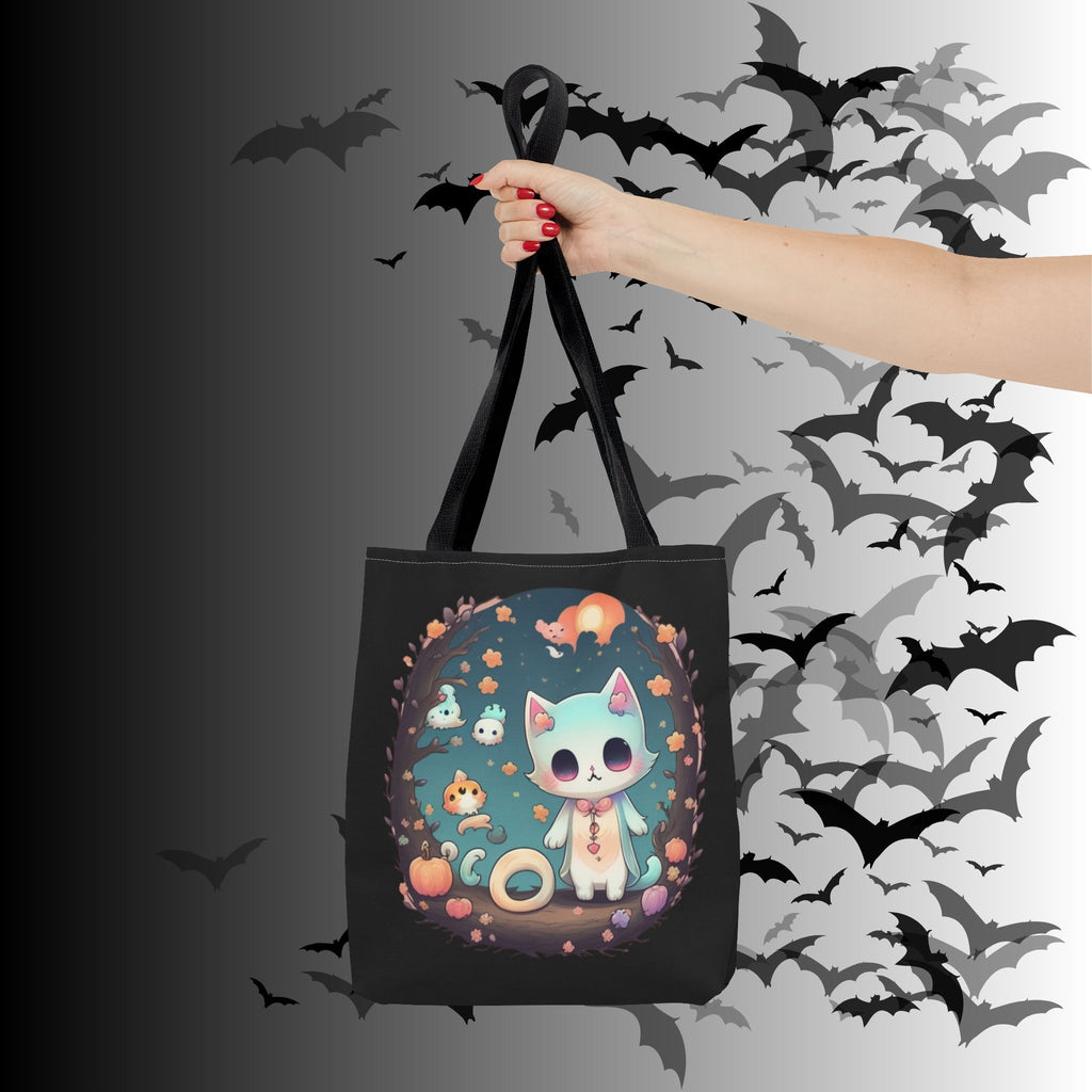 Pastel Goth Kawaii Cat Halloween Tote Bag — Moonlit Forest Scene