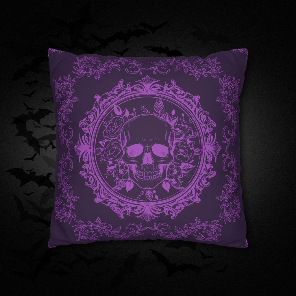 Purple Gothic Floral Skull Throw Pillow — Baroque Botanical Dark Home Decor