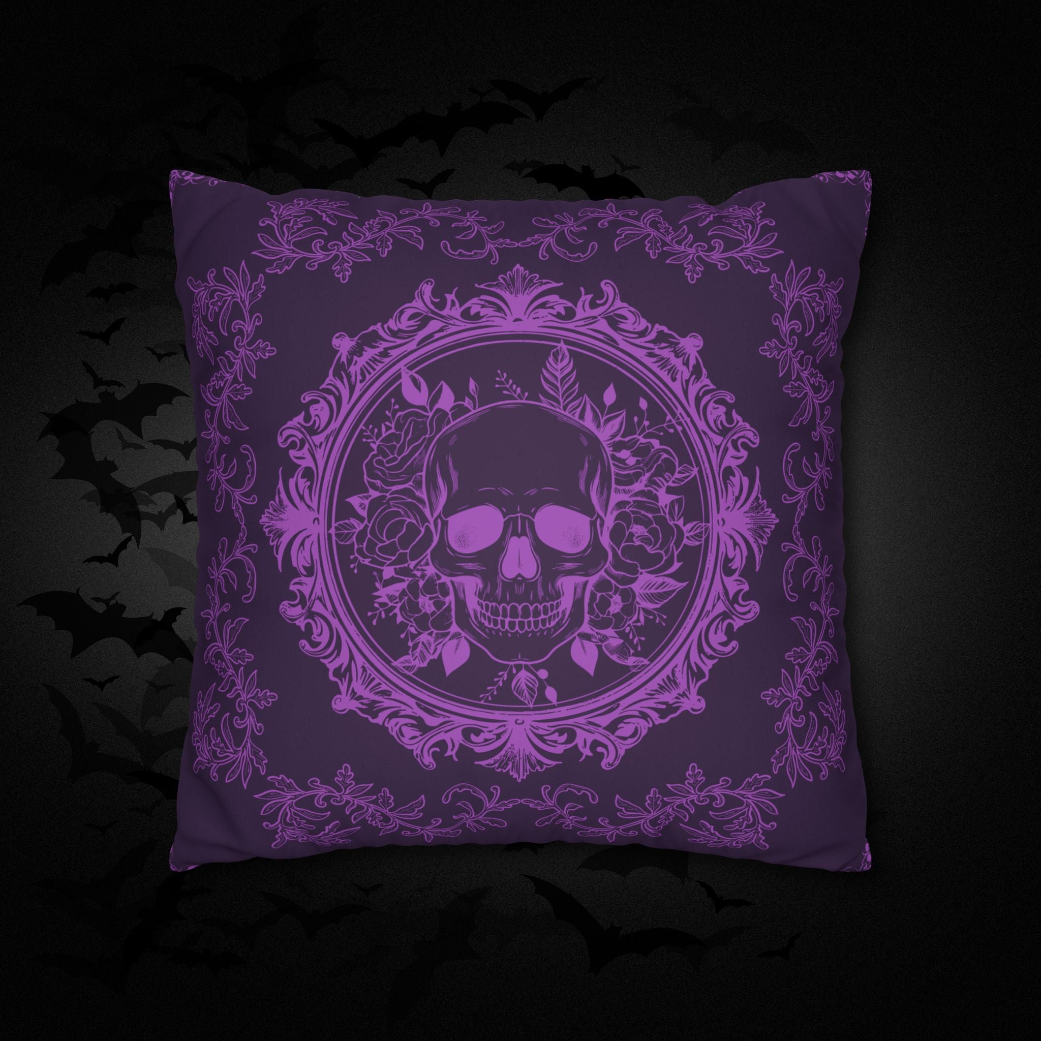 Purple Gothic Floral Skull Throw Pillow — Baroque Botanical Dark Home Decor