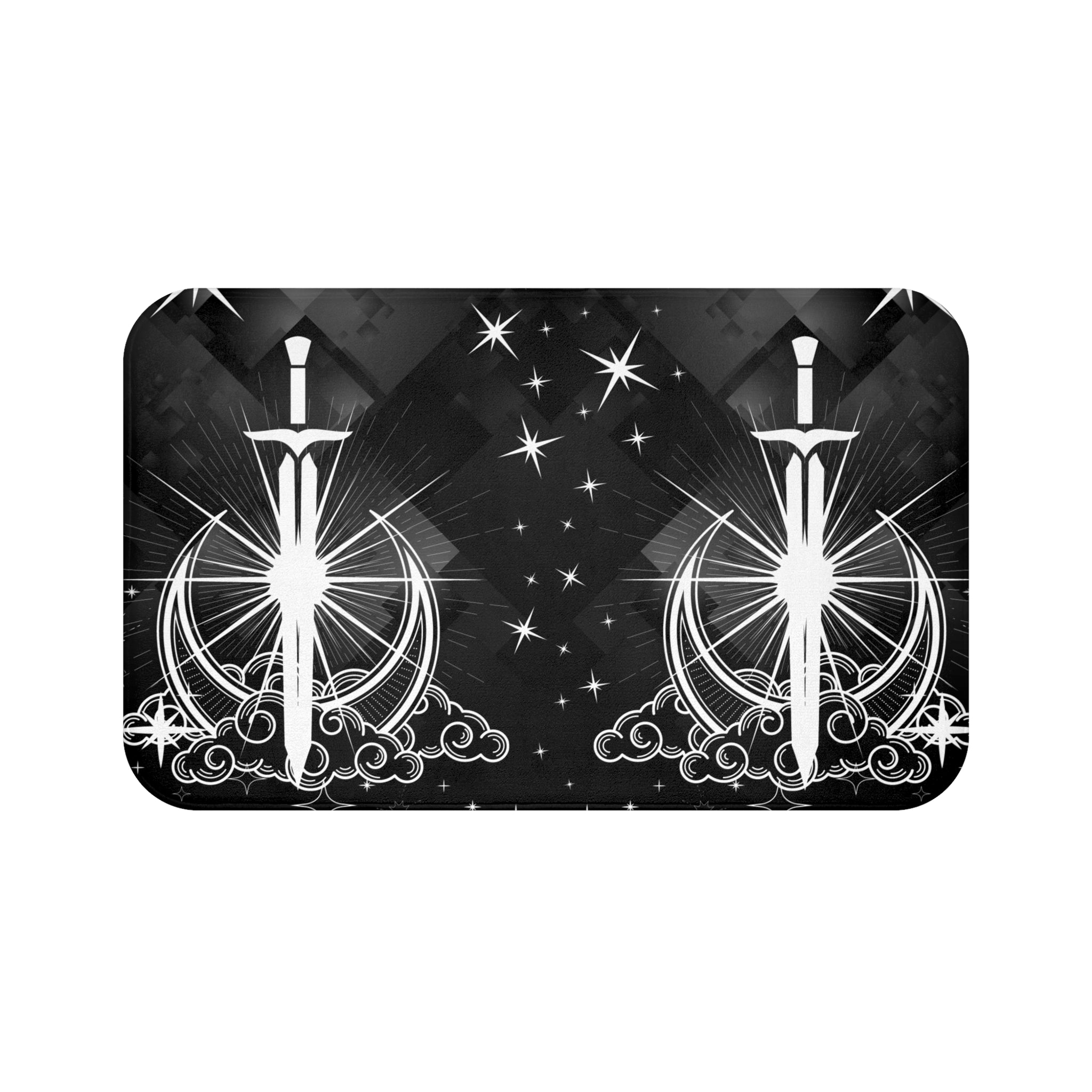 Gothic Celestial Sword Crescent Moon Bath Mat — Starry Night Bathroom Decor