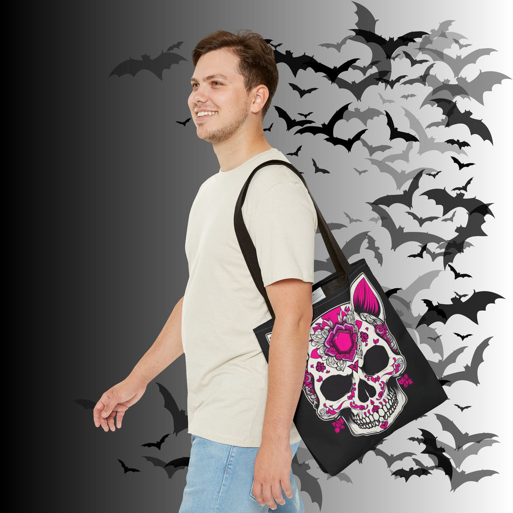 Pink Sugar Skull Cat Tote Bag — Day of the Dead Floral Design
