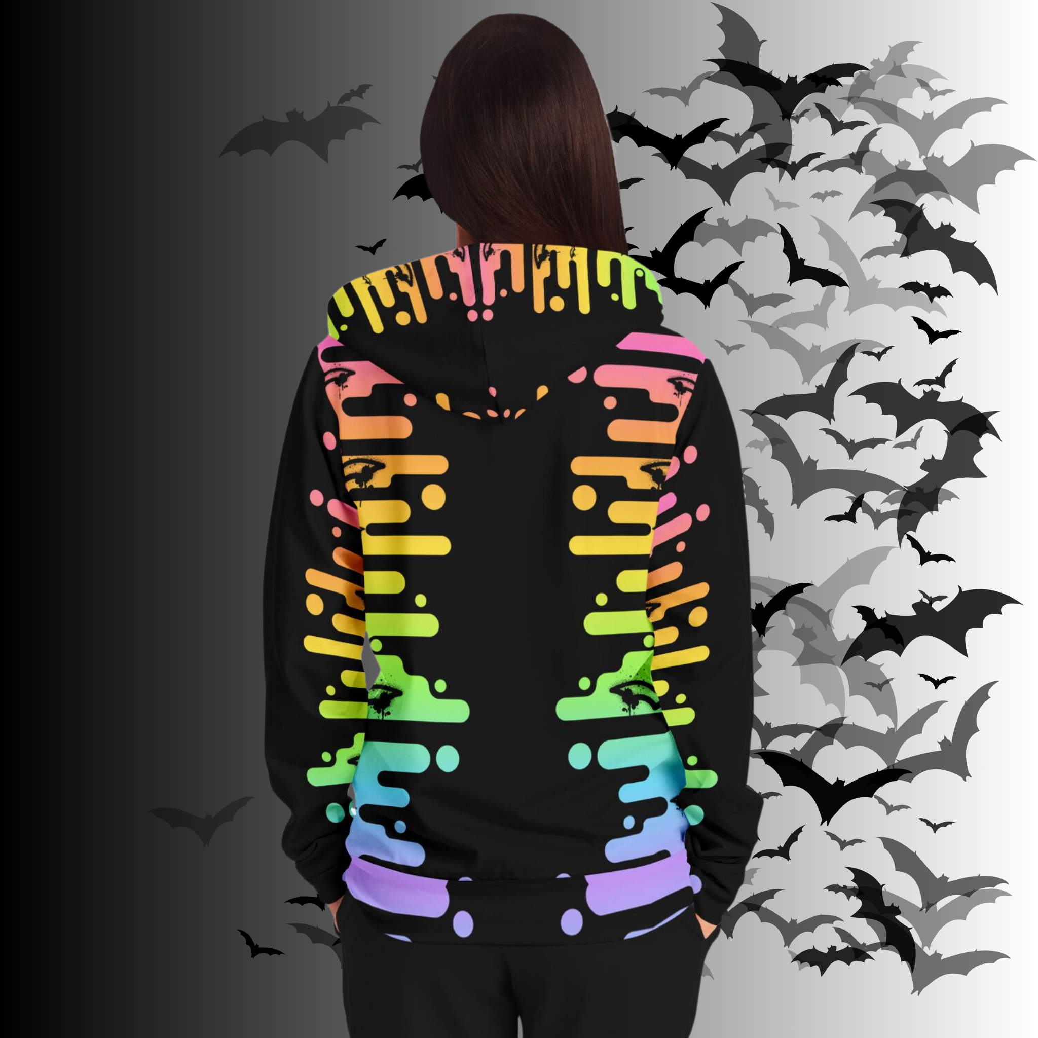 Neon Rainbow Drip Bat All Over Print Zip Hoodie